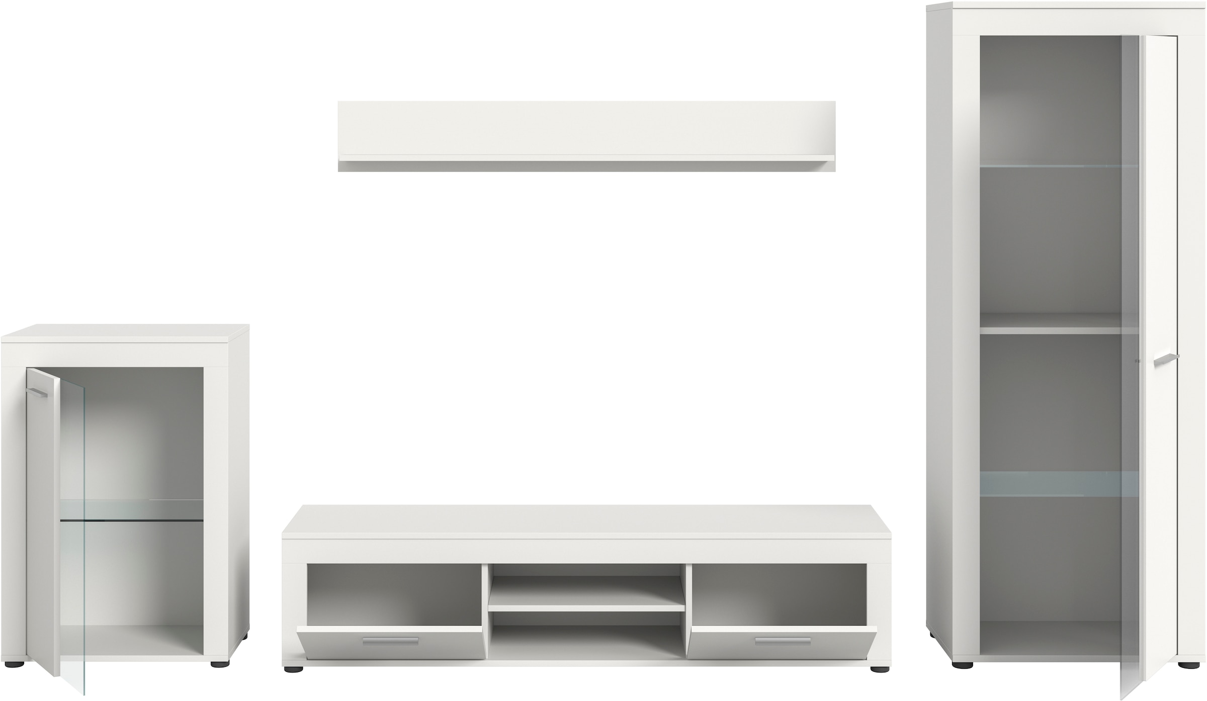 INOSIGN Wohnwand »Aosta, 4-tlg., best. aus: Vitrine, Lowboard, Wandboard & Vitrine hoch«, (4 St.), Wohnwand, Kombination, Anbauwand, Möbel Set, Schrankwand, Möbel Kombi