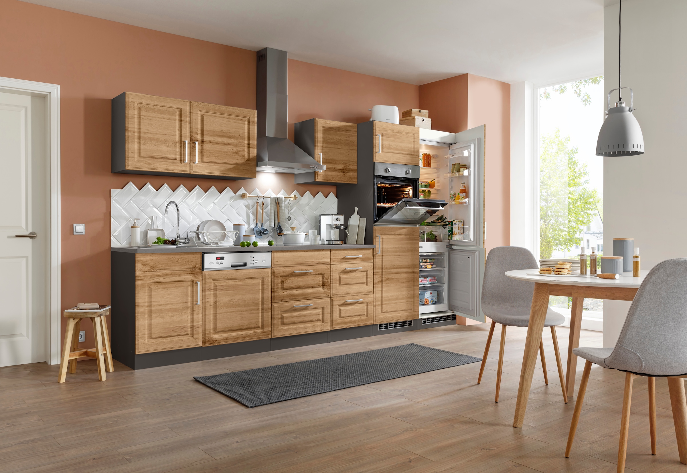 HELD MÖBEL Küchenzeile »Stockholm«, Breite 340 cm, mit hochwertigen MDF Fronten im Landhaus-Stil