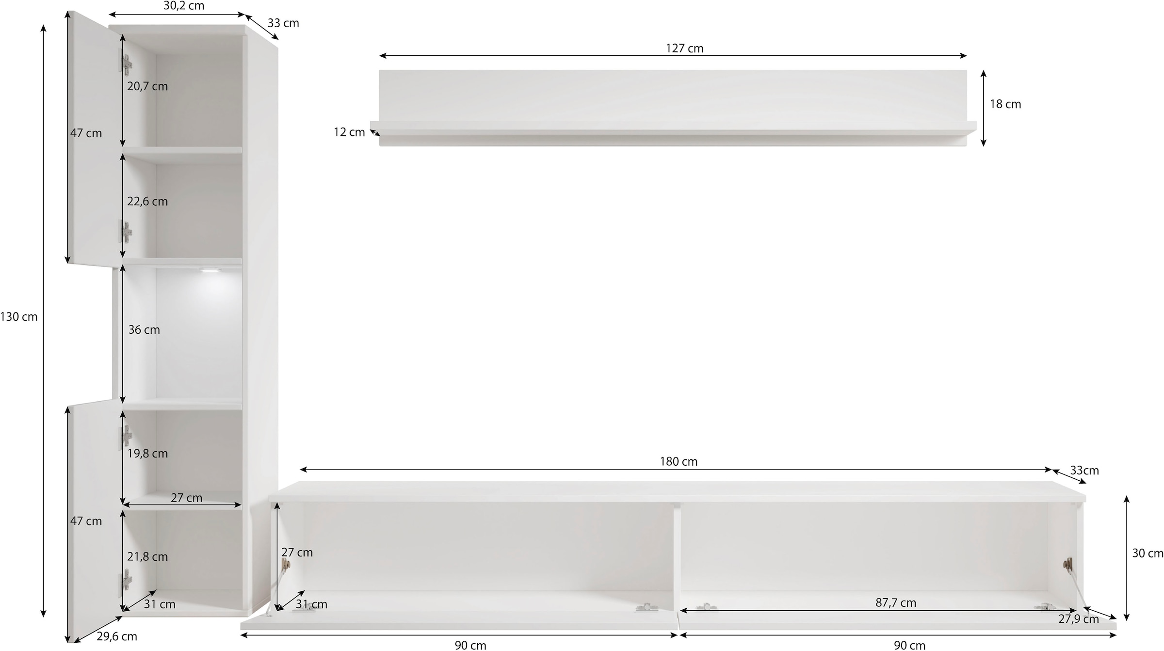 INOSIGN Wohnwand »PARIS«, (Komplett-Set, 3 St.), TV-Wand 220cm breite, grifflose Design, stehend und hängend montierbar