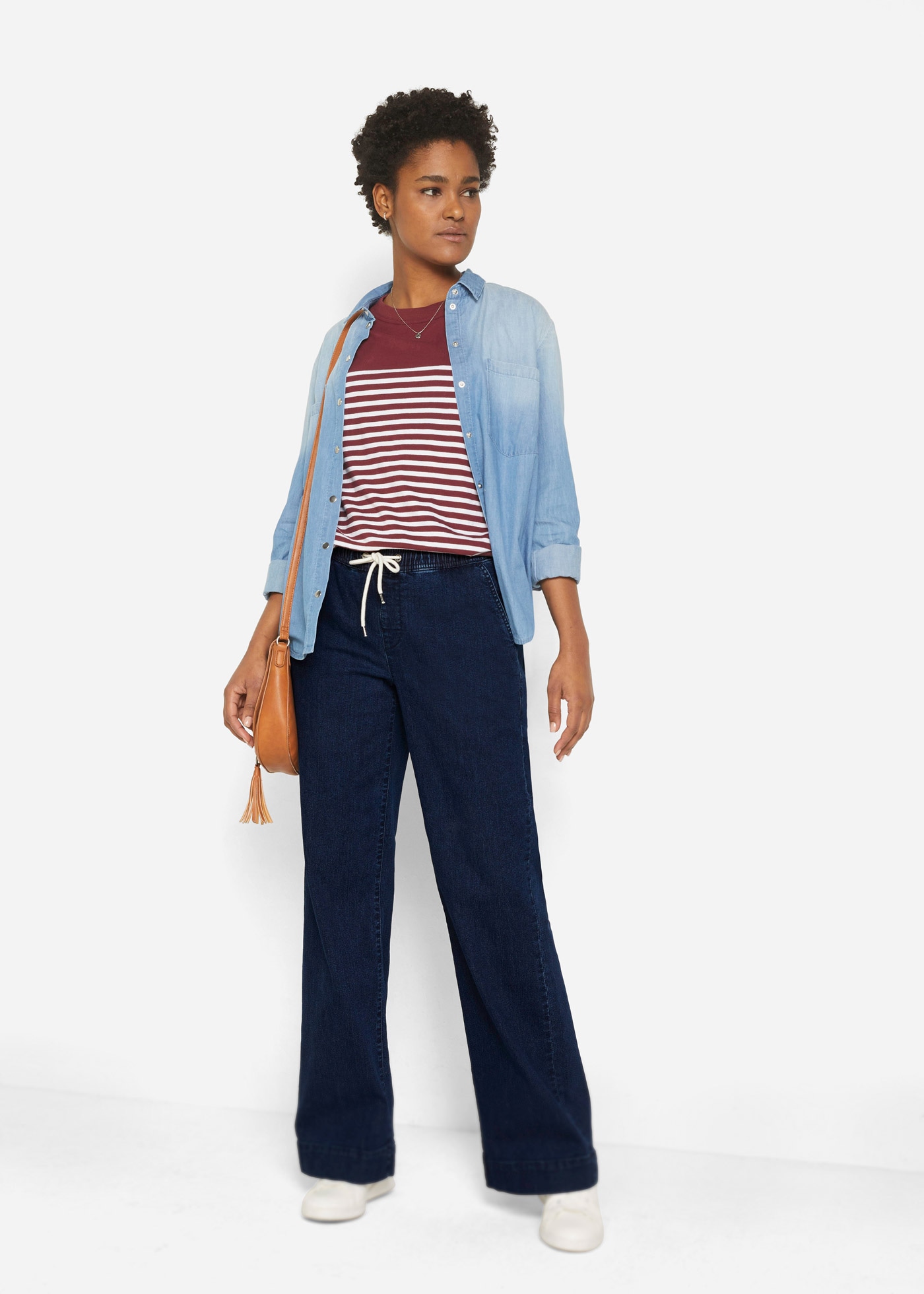 bonprix Weite Jeans »Wide Leg Jeans Mid Waist, Stretch« Loose Fit Passform, mit elastischem Bund und Tunnelzug
