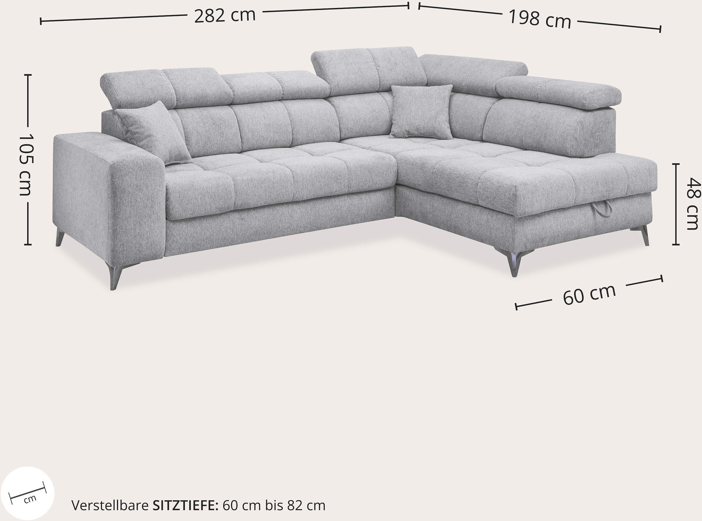 ED EXCITING DESIGN Ecksofa »Sydney L-Form« motorischer Sitztiefenverstellung, USB-Port & 2 Zierkissen