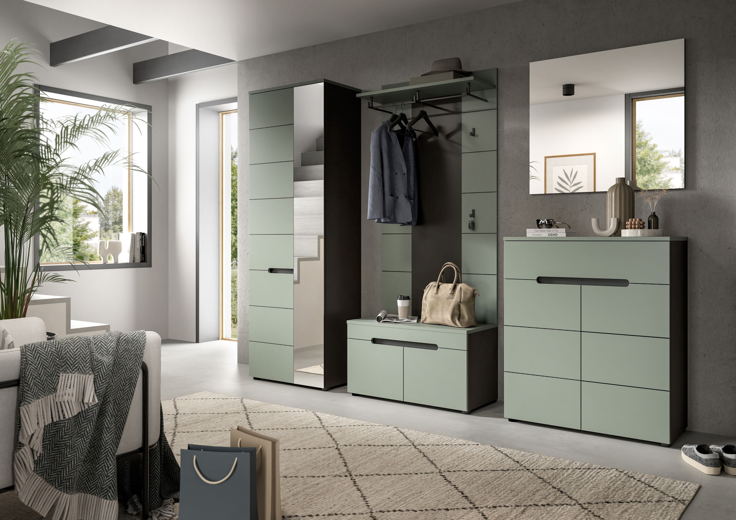 INOSIGN Garderoben-Set, (Set, 3 St.), Rehat, Garderoben-Set 3-tlg., Basalt grau NB/Smoke Green NB, Flur