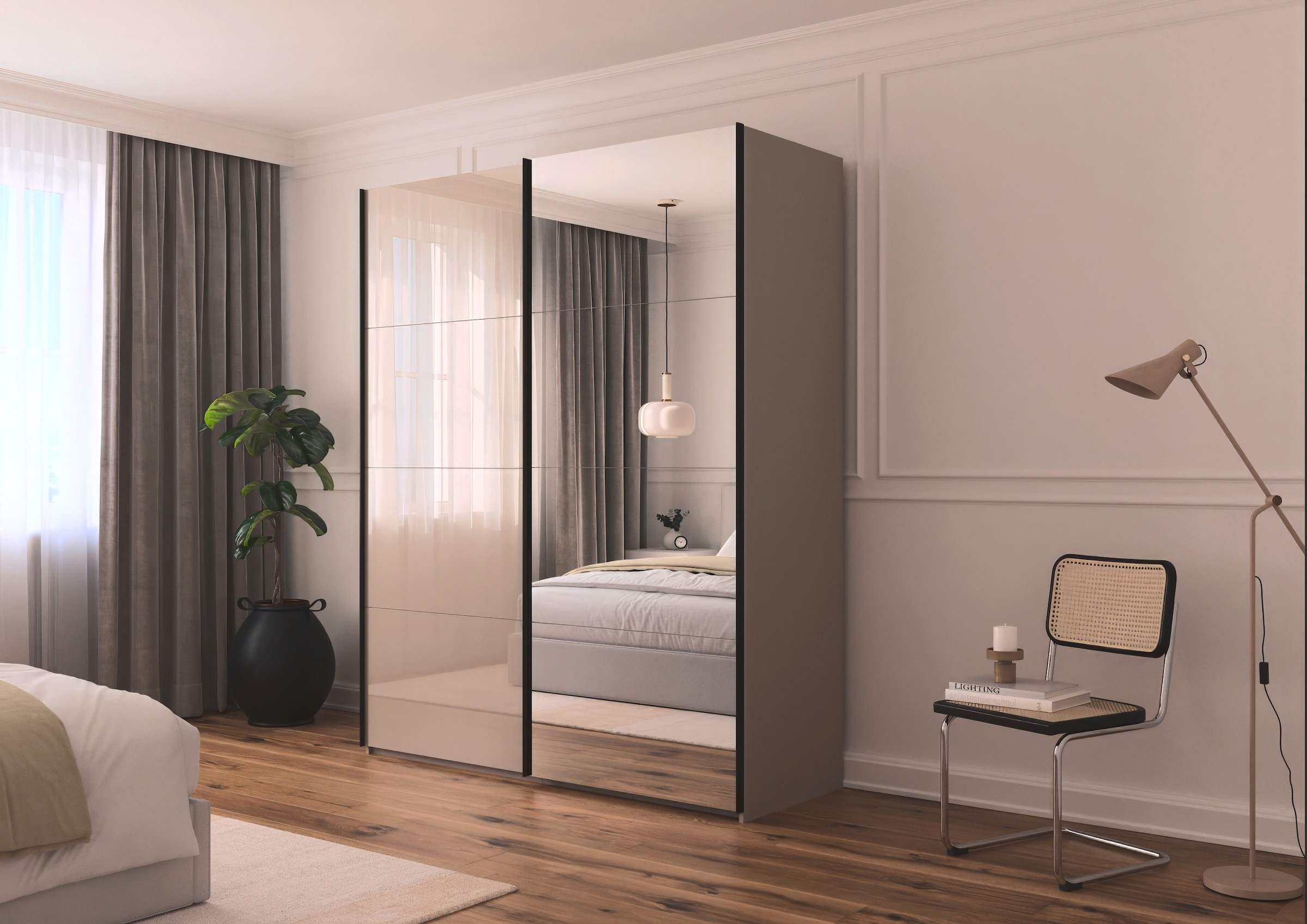 rauch Schwebetürenschrank »Kleiderschrank Schrank Garderobe Schlafzimmerschrank SCALE-FYRA« edle viergeteilte Türen Spiegel/Glas-Mix viele Farben MADE IN GERMANY