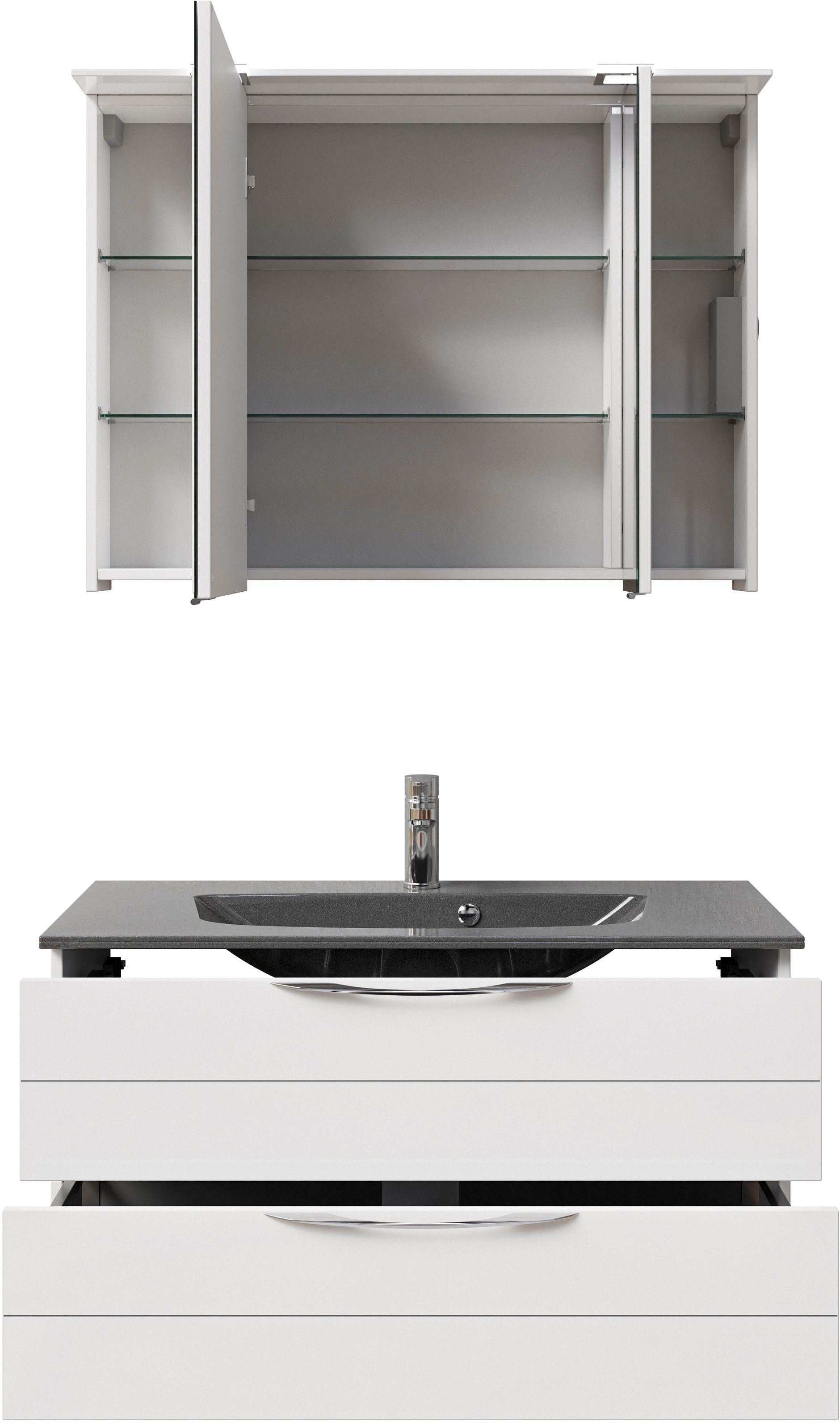Saphir Badmöbel-Set »Serie 6025 2-teilig Mineralmarmor-Waschtisch mit LED-Spiegelschrank«, (2 St.), Waschplatz 97 cm breit, 2 Schubladen, 3 Spiegel-Türen, inkl Türdämpfer