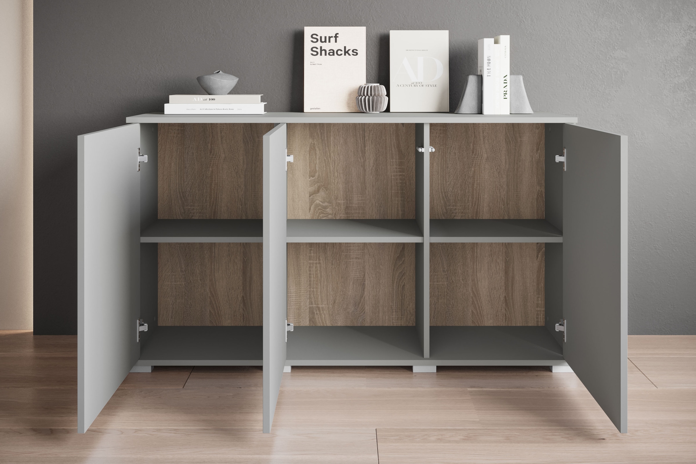 INOSIGN Sideboard »Kenia, moderne grifflose Kommode mit 3 Türen, Breite 120 cm«, (1 St.), Push-to-Open-Fronten, höhenverstellbaren Einlegeböden