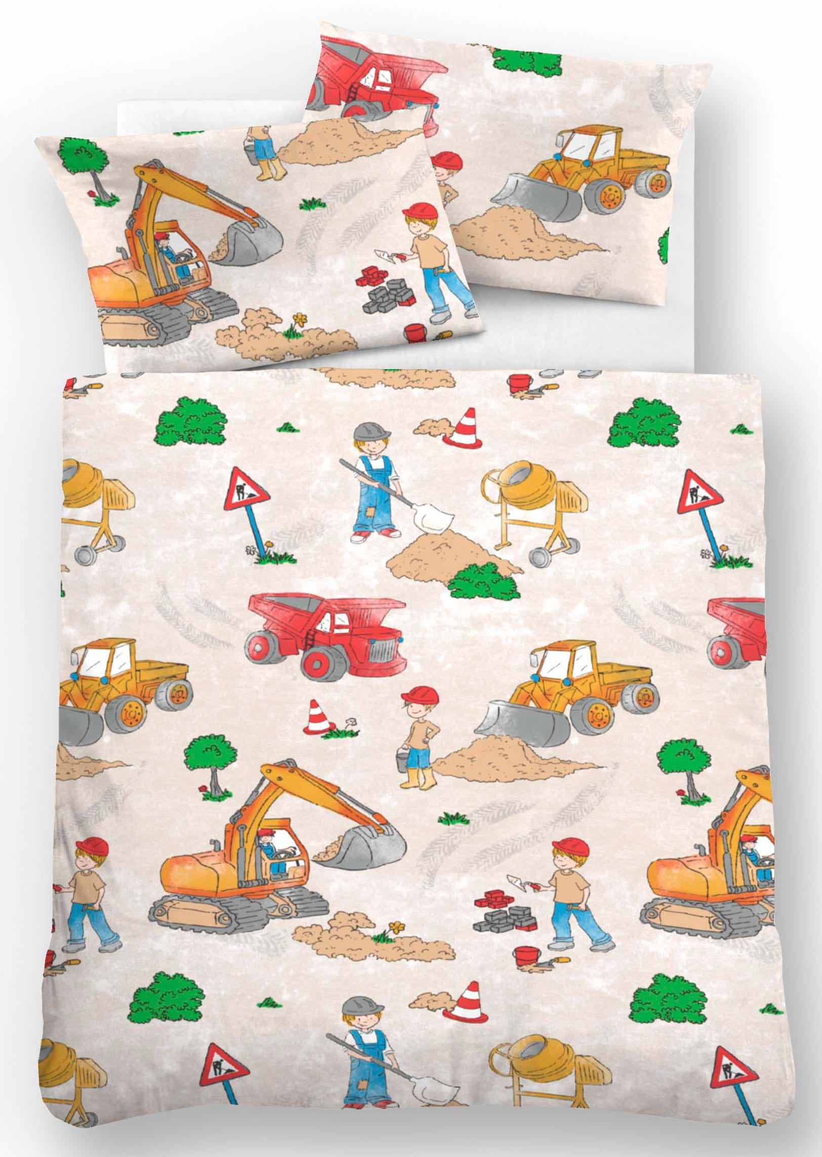 Biberna Kinderbettwäsche »Bauarbeiter in Gr. 100x135 oder 135x200 cm, Kinder, Kinderbettwäsche«, (2 tlg.), Biber kuschelig warm im Winter, Bettwäsche für Kinder, Baumwolle