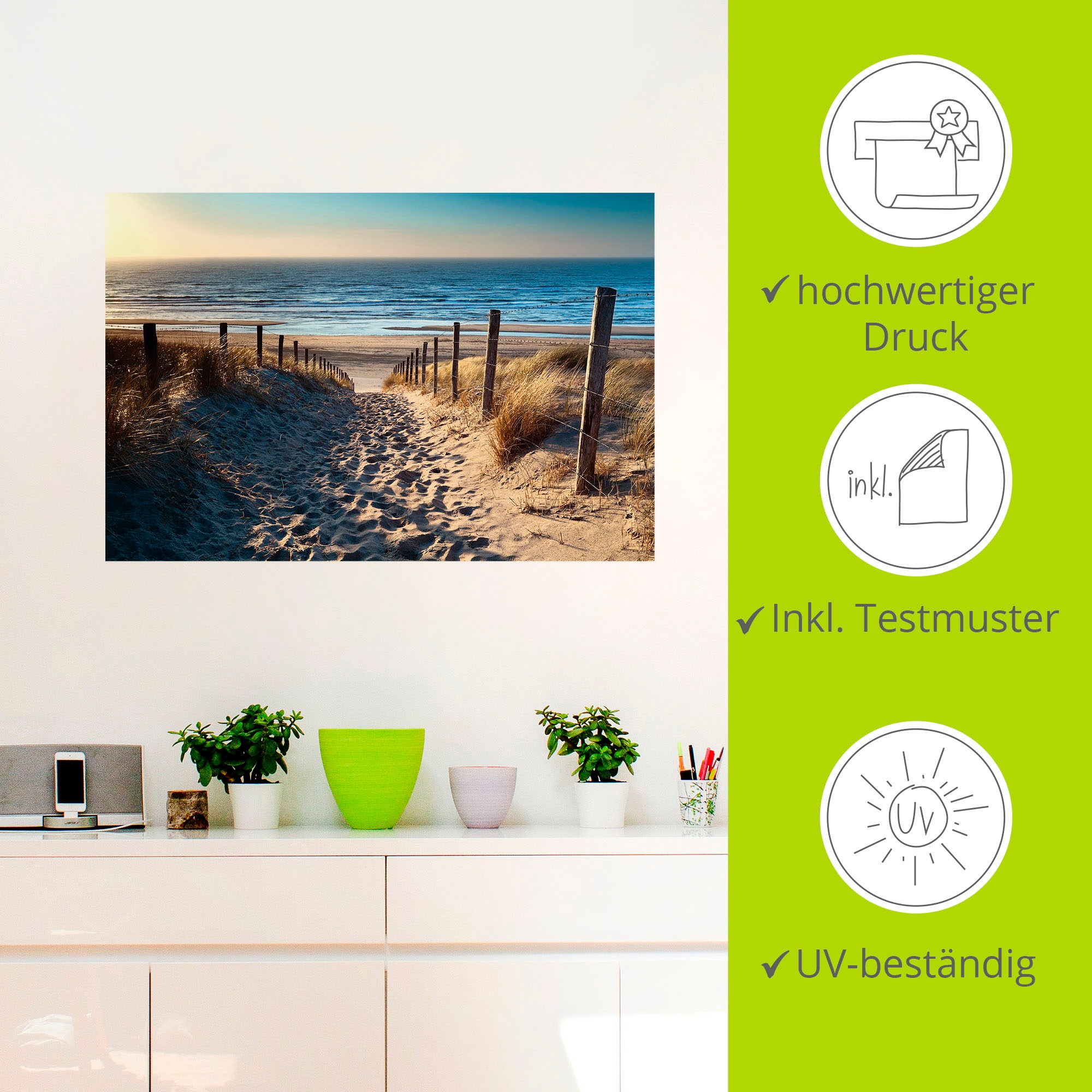 Artland Wandbild »Weg zum Nordseestrand Sonnenuntergang«, Strand, (1 St.), als Alubild, Outdoorbild, Leinwandbild, Poster, Wandaufkleber