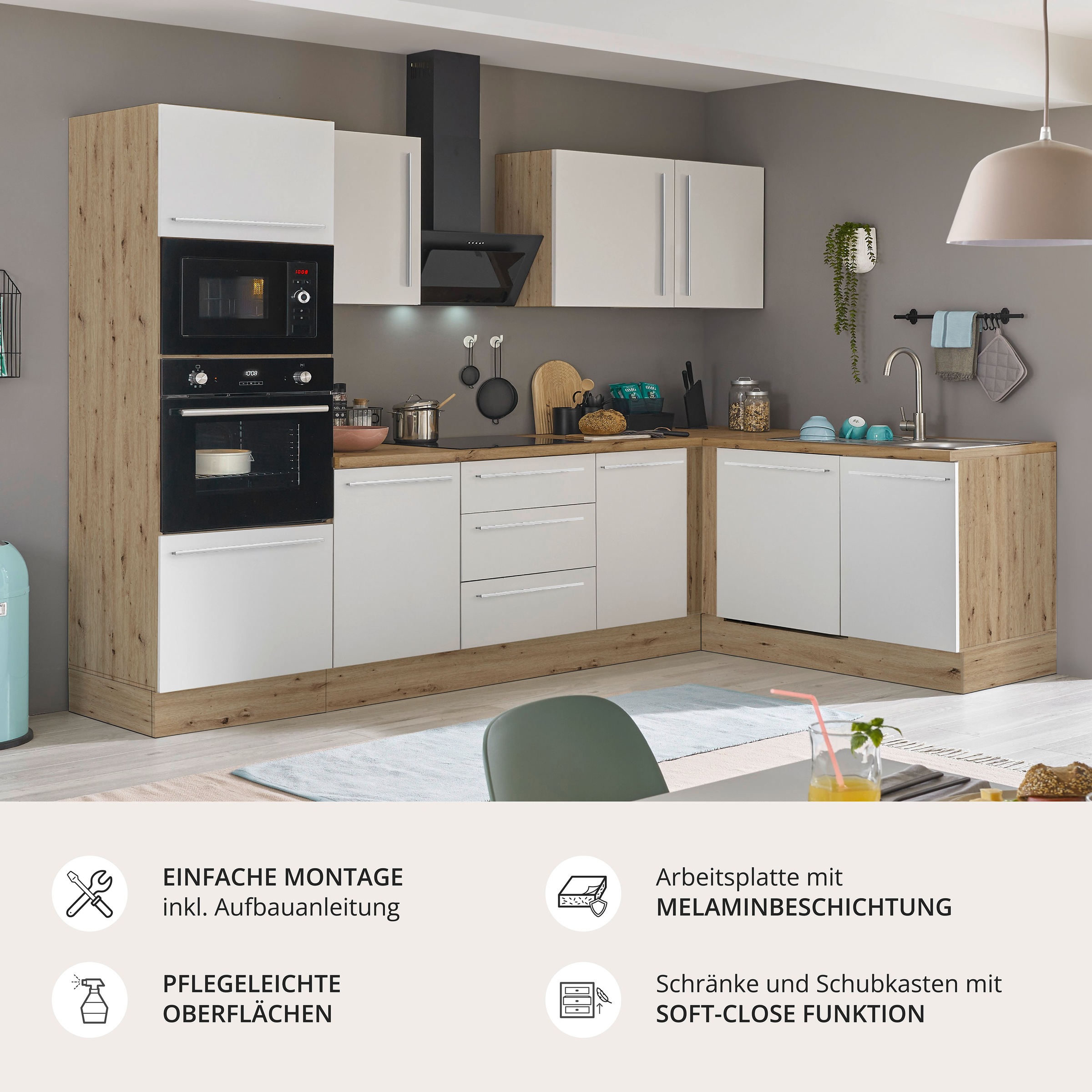 KOCHSTATION Winkelküche »Florida, Stellbreite 280x165 cm« wahlweise mit E-Geräten, mit Softclose für Türen und Schubkästen