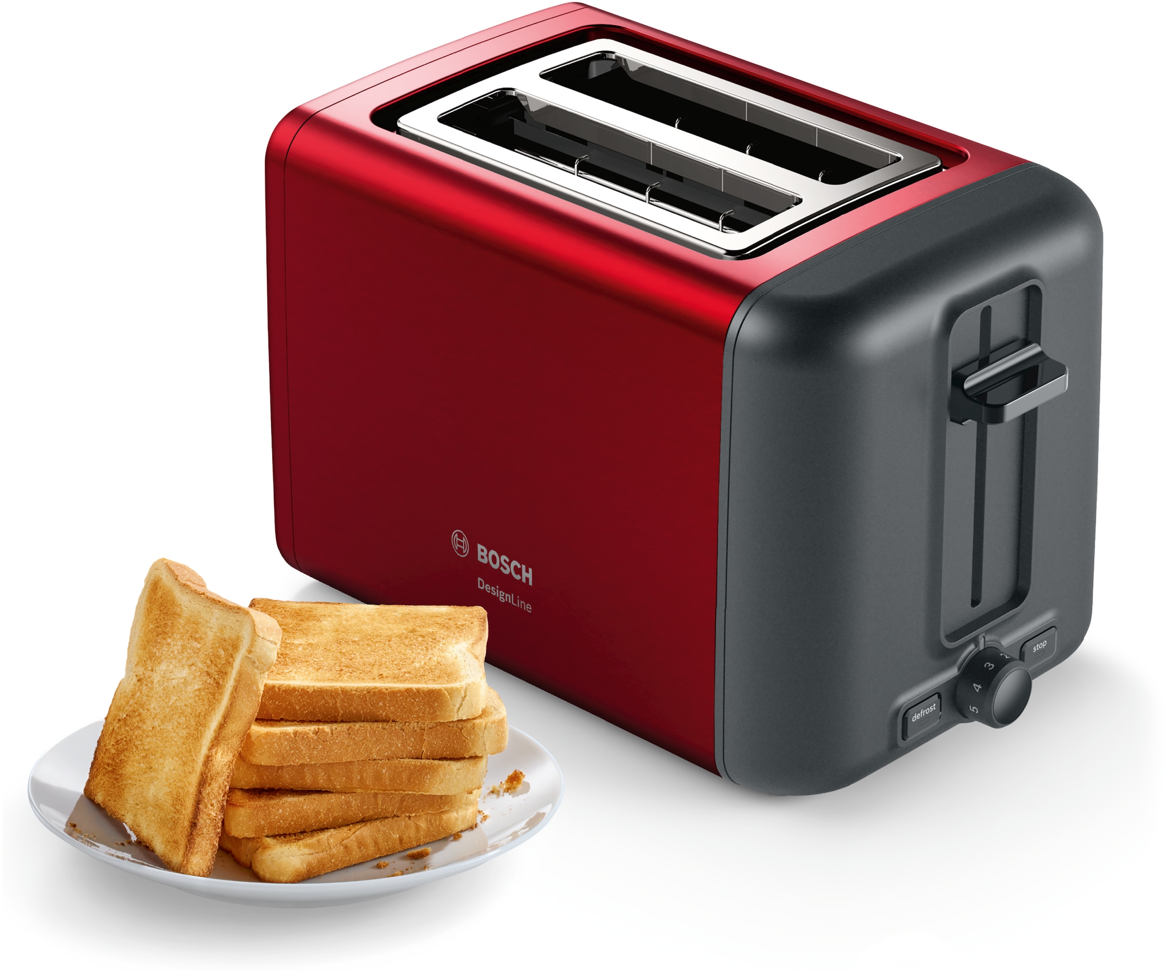 BOSCH Toaster »DesignLine TAT3P424DE, Integrierter Edelstahl-Brötchenaufsatz« 2 kurze Schlitze 820 W Abschaltautomatik, Auftaufunktion, Liftfunktion, Breit, rot
