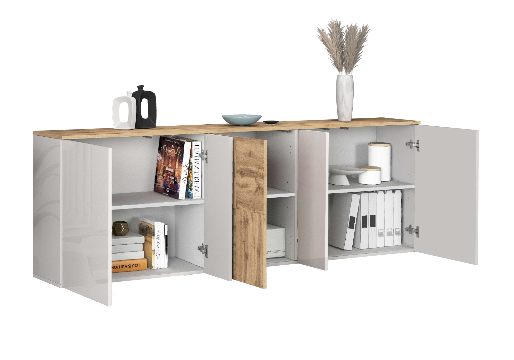INOSIGN Sideboard »Sideboard ISEO, Kommode, Schrank, Kredenz« 1 Stk. tlg. stehend/hängend, 5 Türen HG lackiert, 6 Fächer, B 200 cm