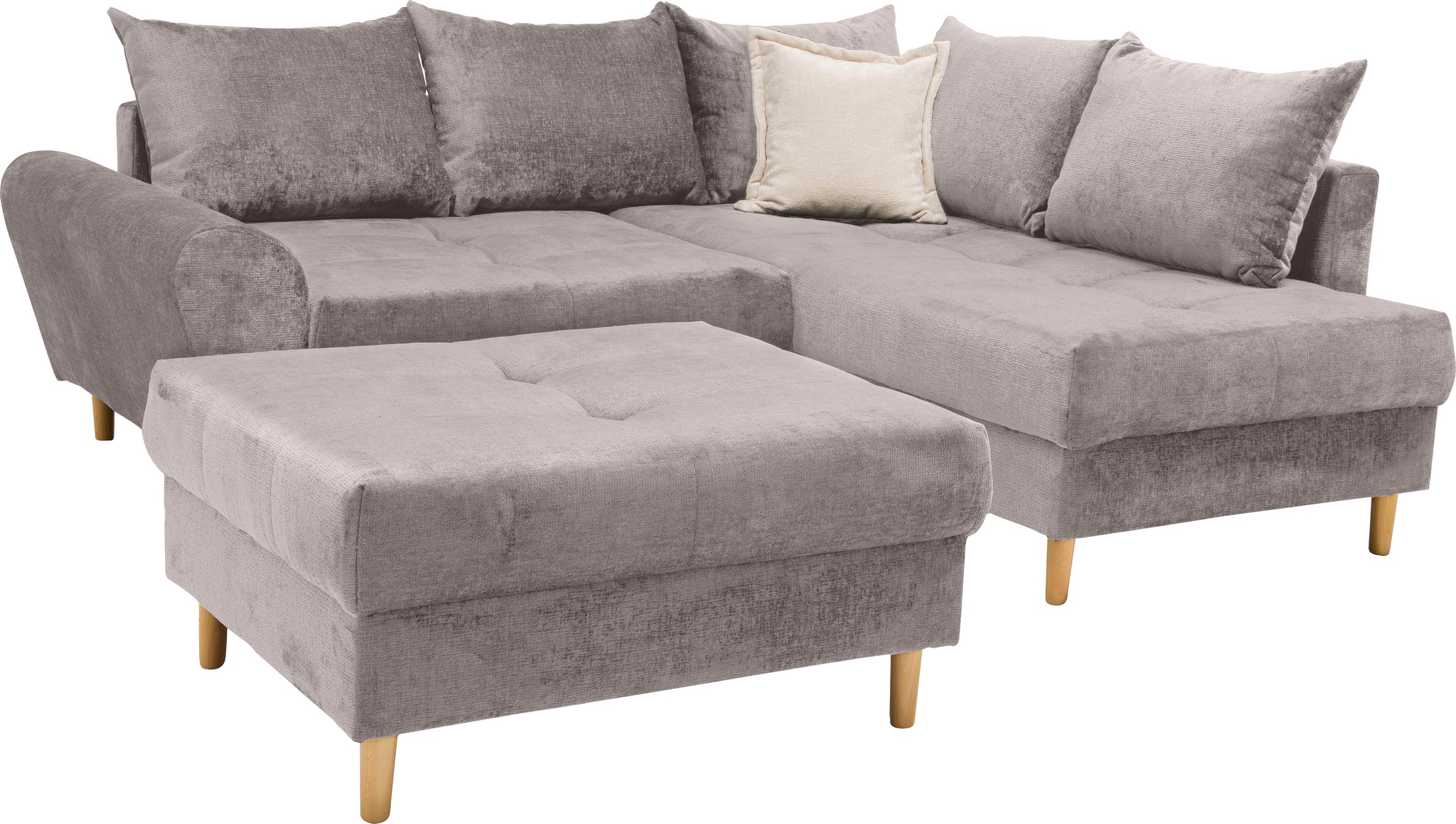 COLLECTION AB Ecksofa »Reims L-Form«, Ottomane beidseitig montierbar, inkl. Bettfunktion und Hocker