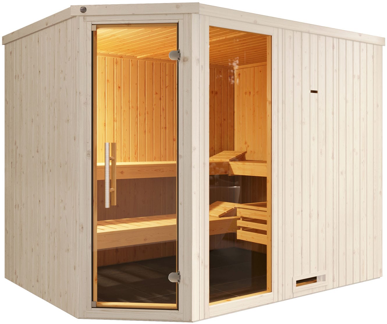 weka Sauna »Element-Ecksauna VARBERG 4« vorgefertigte Elemente, Fensterelement, moderne Ganzglastür