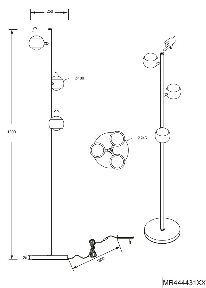 Musterring LED Stehlampe »CANNON, 3-flammige LED Stehleuchte 5W 500Lumen 2300-4000K CCT« LED-Board 1 Stk. Farbwechsler | warmweiß - kaltweiß mit Touch-Sensordimmer, Memory, 3 schwenkbare Lichtkegel up-and-down