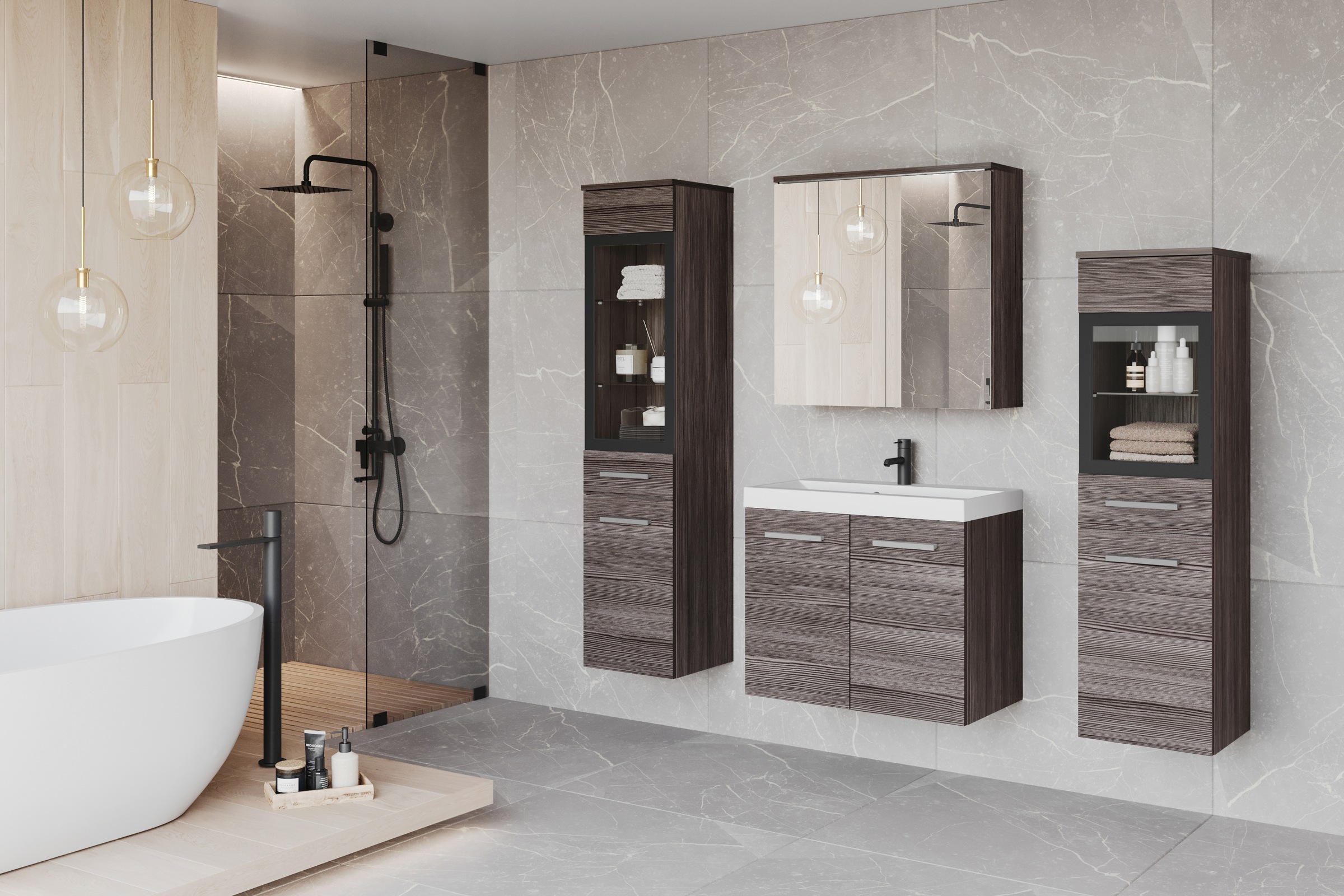 welltime Badmöbel-Set »MADRIT II, Schrank mit Waschbecken, 2 Hänger, Spiegelschrank«, (Komplett-Set, 5 St.), Hängende Badmöbel mit Glaseinsätzen – in vielen Farben erhältlich