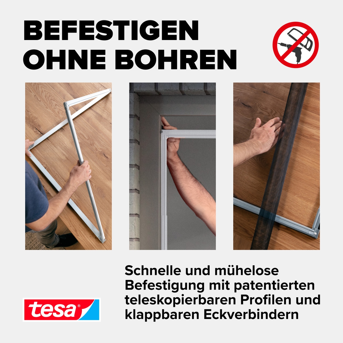 tesa Insektenschutz-Fensterrahmen »Insect Stop Falt Fliegengitter für Fenster - min 0,8 m bis max. 1,4 m« Packung, Teleskop Alu Rahmen, 1 Stk. tlg. Mückenschutz-verstellbarem Rahmen aus Aluminium-ohne bohren