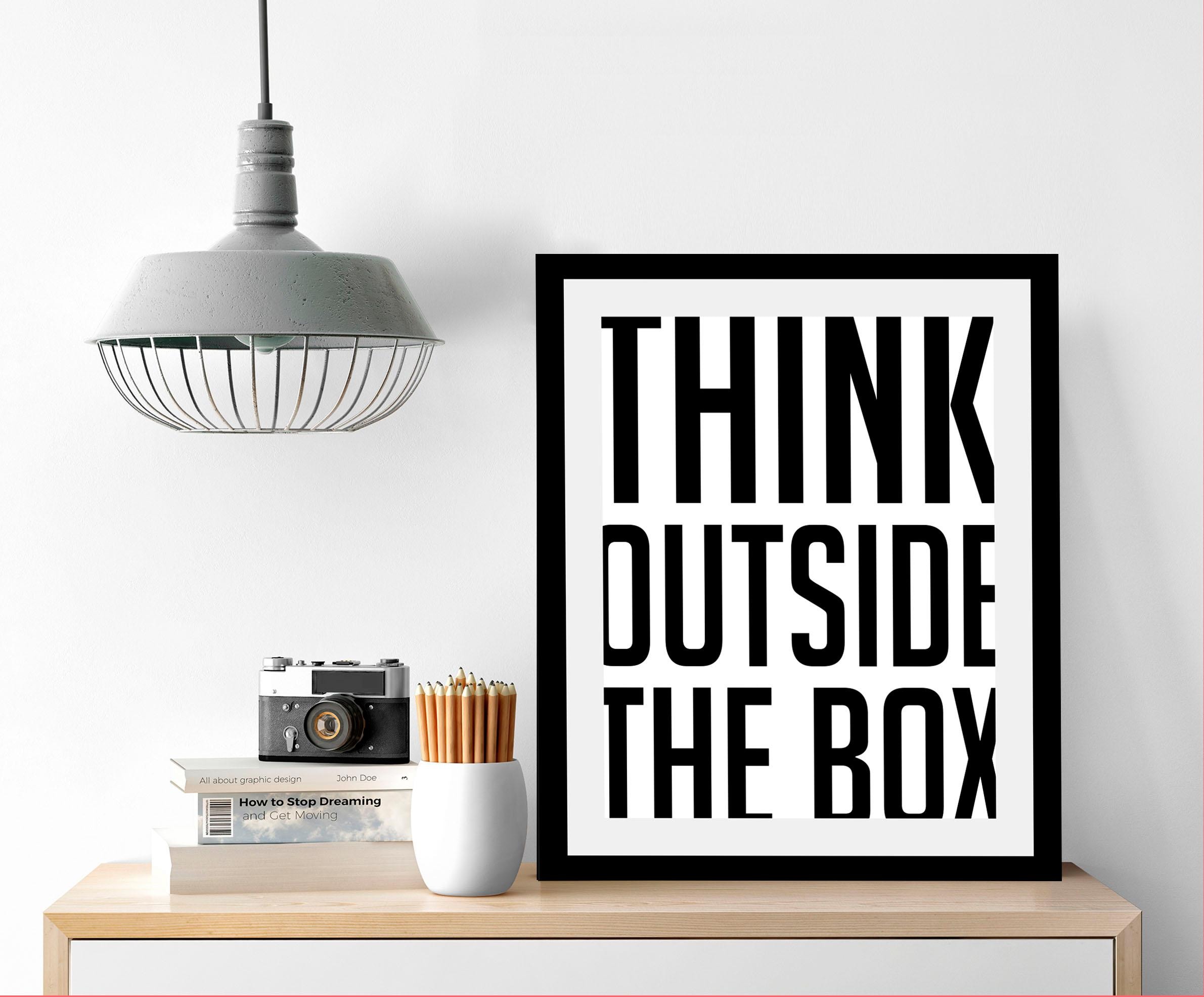 queence Bild »Think outside« Motivationsbilder | Schriftzug | Schwarz-Weiß | Sprüche & Texte HD Premium Poster-Druck inkl. Holzrahmen