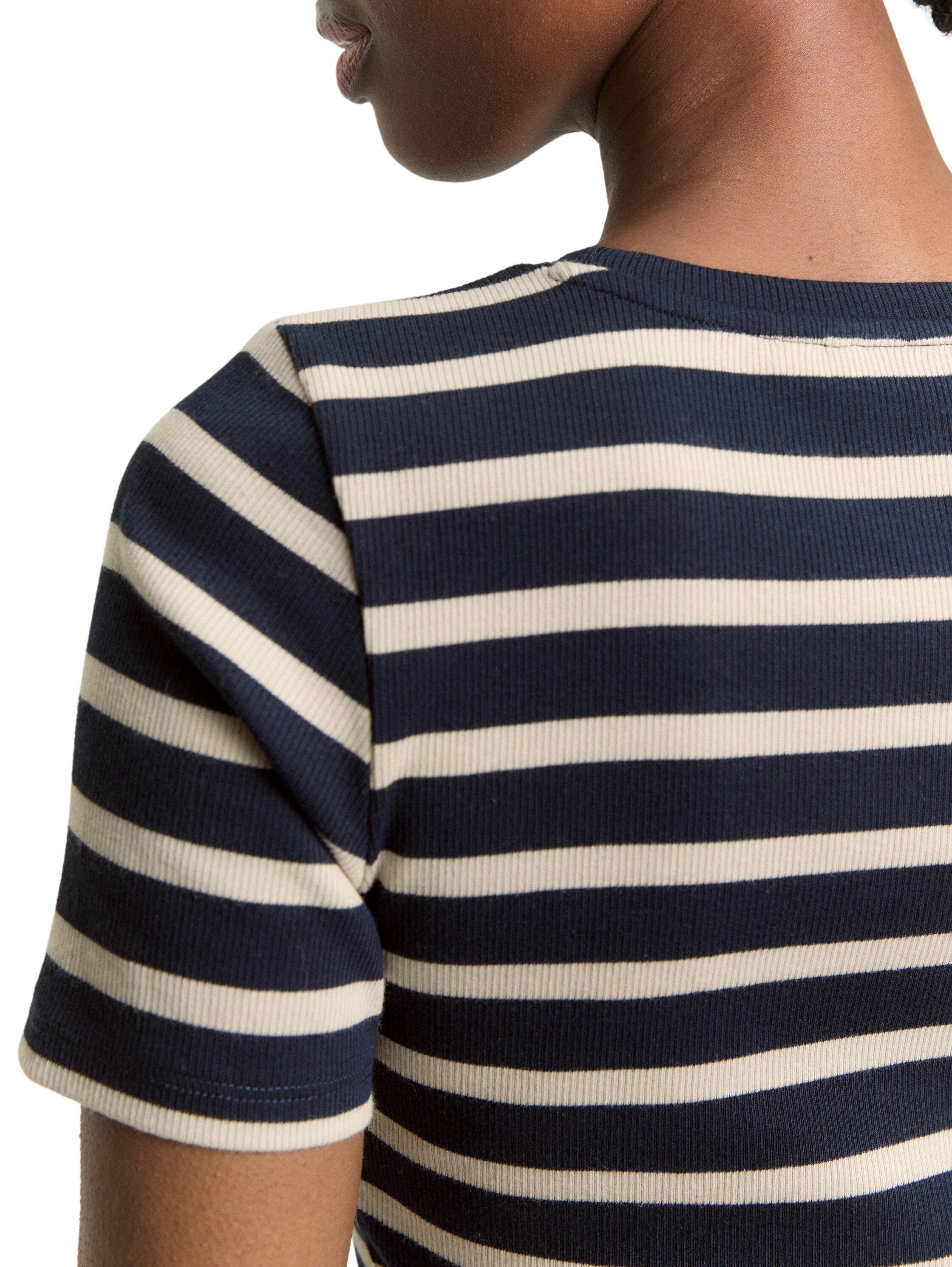 TOM TAILOR Denim Rundhalsshirt gestreift, Fein-Ripp-Optik