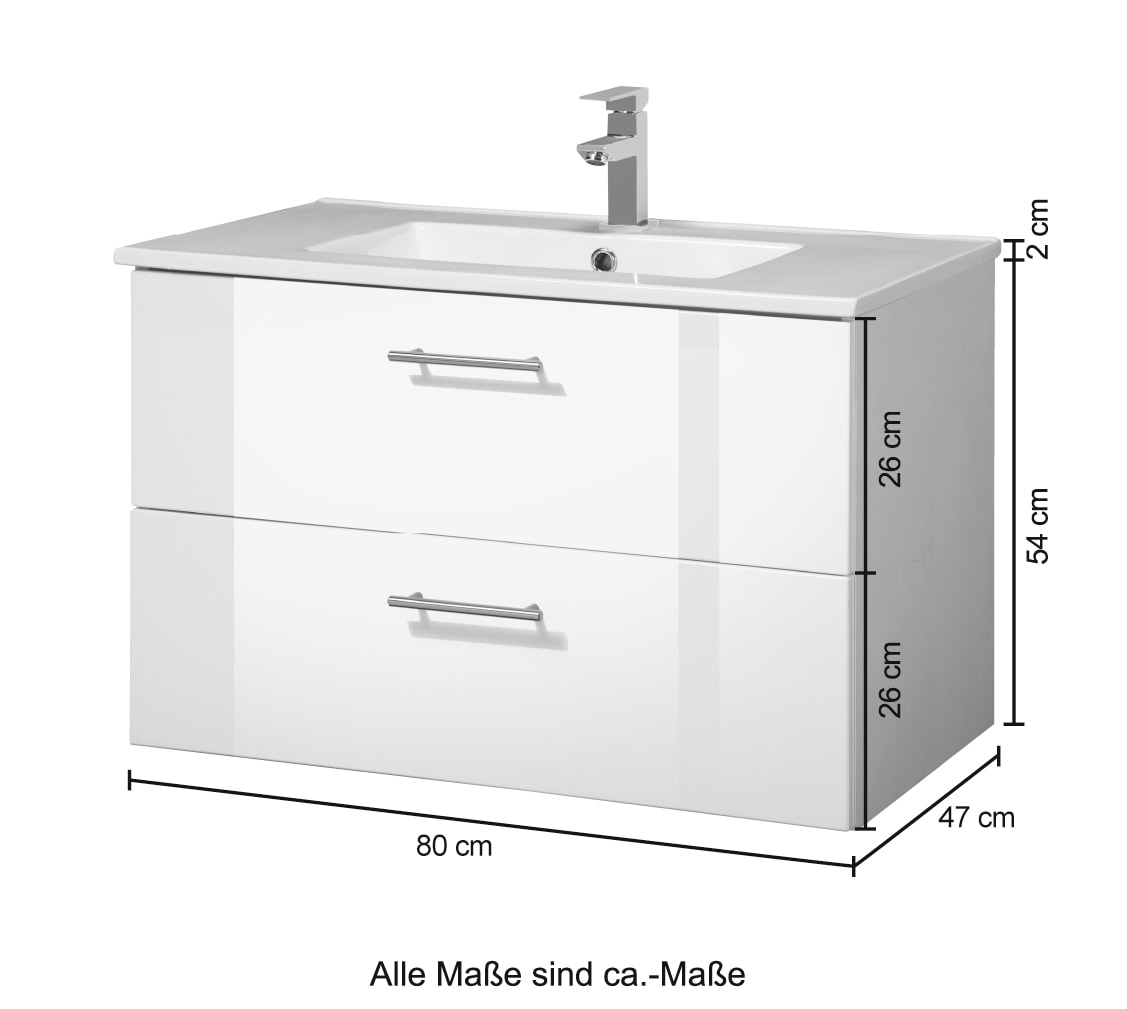 welltime Waschtisch »Trento Badezimmerschrank mit Becken Bestseller«, Badmöbel in Breite 80 cm, Waschplatz mit 2 Schubladen, Badschrank