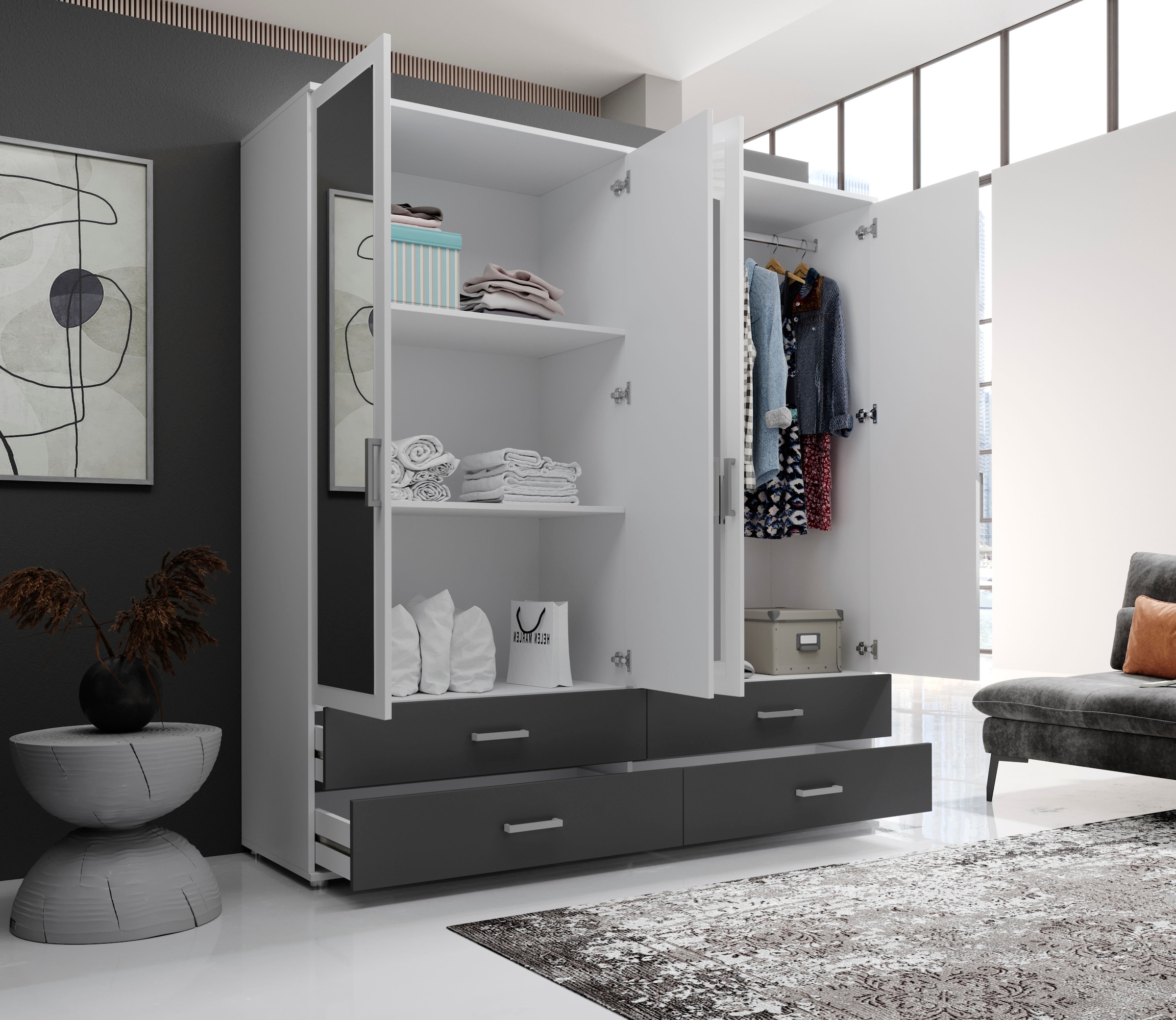 Schlafkontor Drehtürenschrank »Ivar Kleiderschrank mit Spiegel«, inklusive 2 Spiegeltüren und 4 farblich abgesetzten Schubkästen