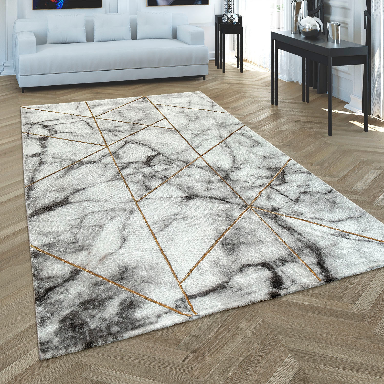 Paco Home Teppich »Kraft 524«, rechteckig, 16 mm Höhe, Kurzflor, modernes Marmor-Design, mit gold-/silberfarbenen Akzenten