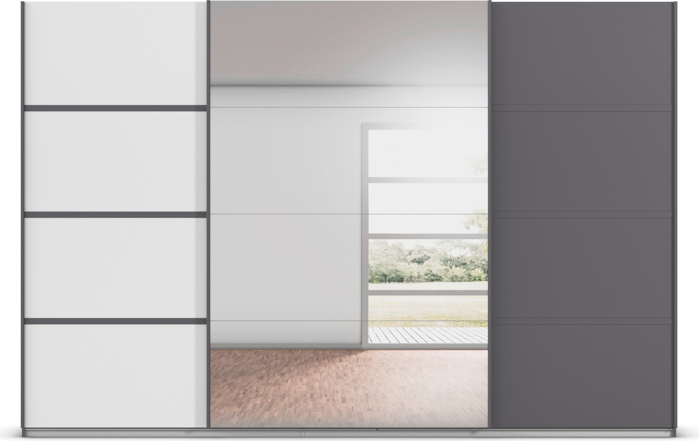 rauch Kleiderschrank »Schwebetürenschrank Garderobe Schrank TOP ANGEBOT Avola«, (in 3 verschiedenen Ausstattungen BASIC/CLASSIC/PREMIUM inkl. Spiegel), mit eleganten Zierleisten in Chrom, Schwarz oder Weiß MADE IN GERMANY