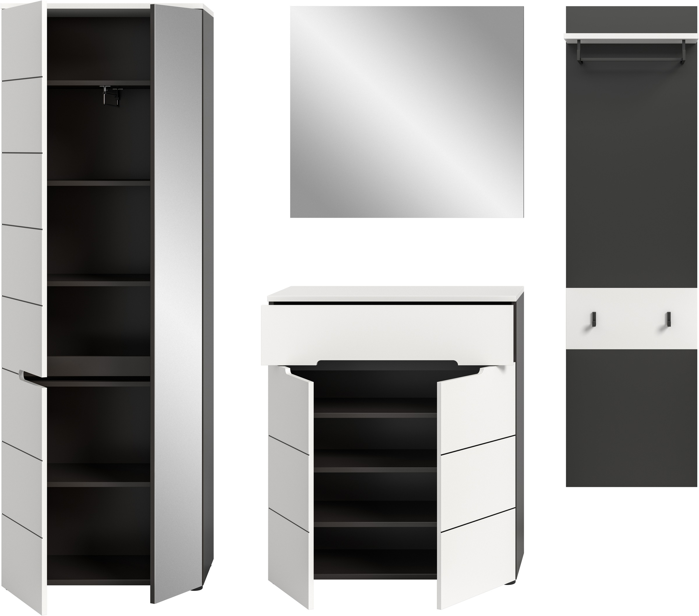 Home affaire Garderoben-Set »REHAT, TOPSELLER!, 4-teilig, Breite 220 cm, individuell erweiterbar« Set, bestehend aus: Garderobenschrank, Kommode, Spiegel & Garderobenpaneel, 4 Stk. tlg.