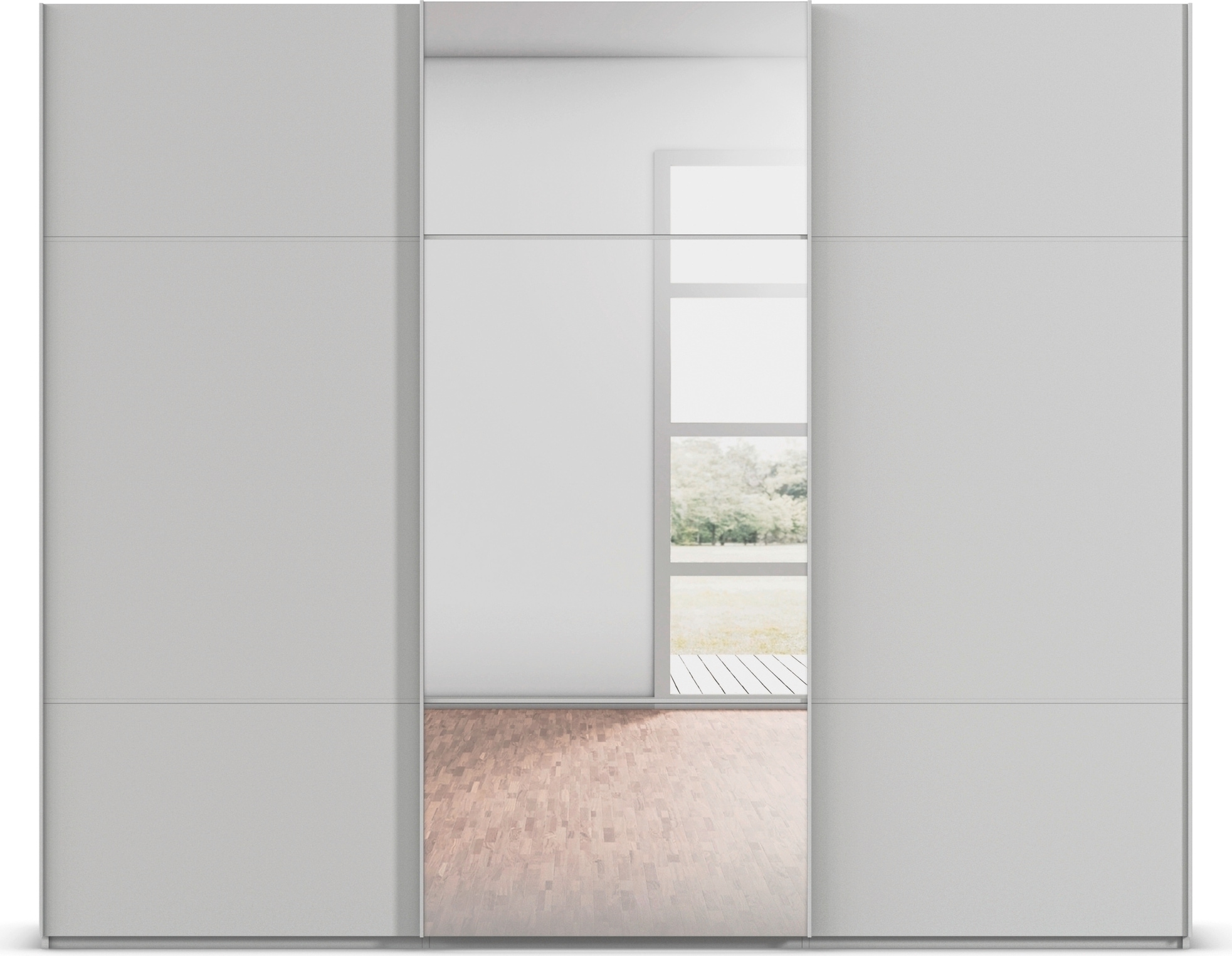 rauch Schwebetürenschrank »Kleiderschrank Schrank Garderobe Schlafzimmerschrank SCALE-TRIO«, edle dreigeteilte Front mit 2 Zierleisten und Spiegel MADE IN GERMANY