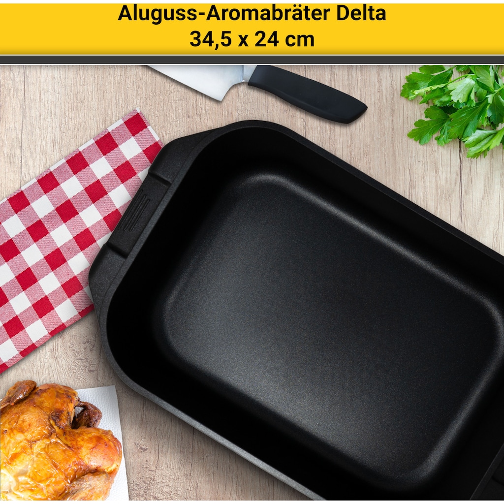 Krüger Bräter »Aluguss Aromabräter mit Glasdeckel und Aromaknopf DELTA, 34,5x24x9 cm«, Aluminiumguss, (1 tlg.), für Induktions-Kochfelder geeignet