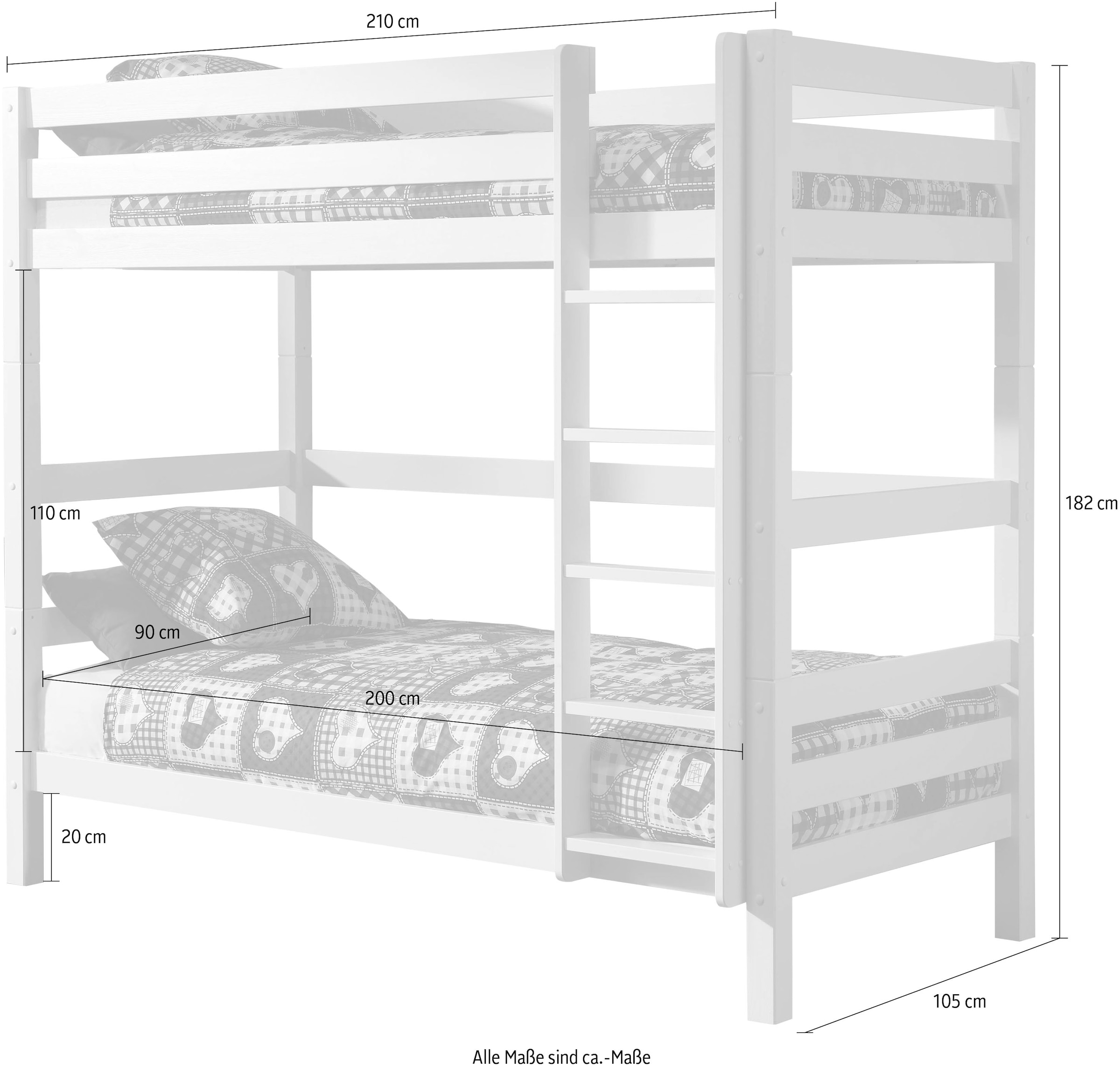 Vipack Etagenbett »Pino, inkl. Rolllattenrost, Leiter und Absturzschutz« B/H/T ca. 210x182x105cm, massiv Kiefer verschiedene Farben,  wahlweise ohne Schublade, mit 1 großen, 2 kleinen Bettschubladen
