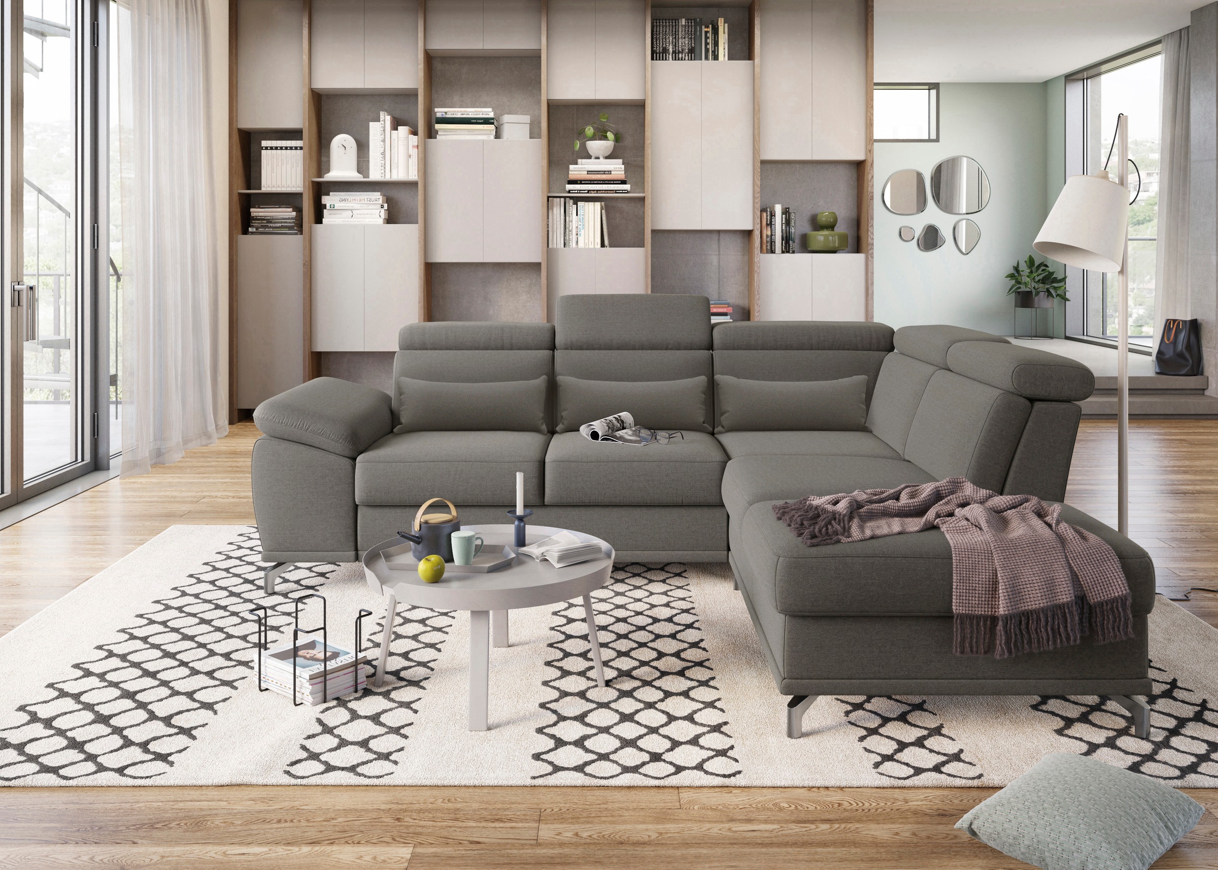 sit&more Ecksofa »Cabrio L-Form, B: 274 cm, mit Sitztiefen-, Arm- & Kopfteilverstellung« 3 Nierenkissen, Federkern, optional Bettfunktion und Stauraum