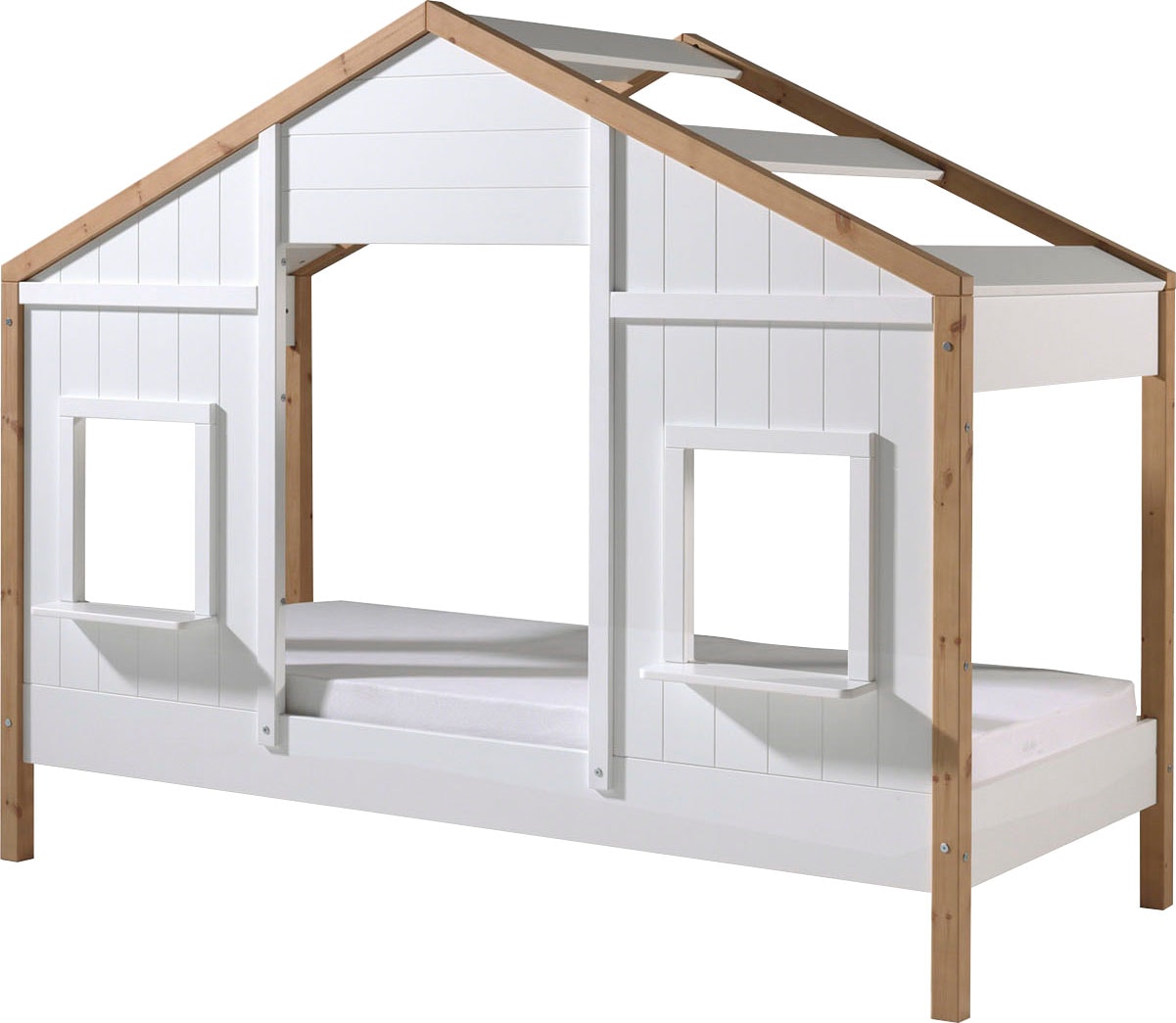 Vipack Hausbett »Babs, mit Dachaufbau, Fenstern, Made in Europe, originelle Optik«, (B/H/T ca. 210x170x97cm, Weiß/Oak lackiert, seitlich nach hinten offen), inklusive Rolllattenrost und wahlweise mit Bettschublade