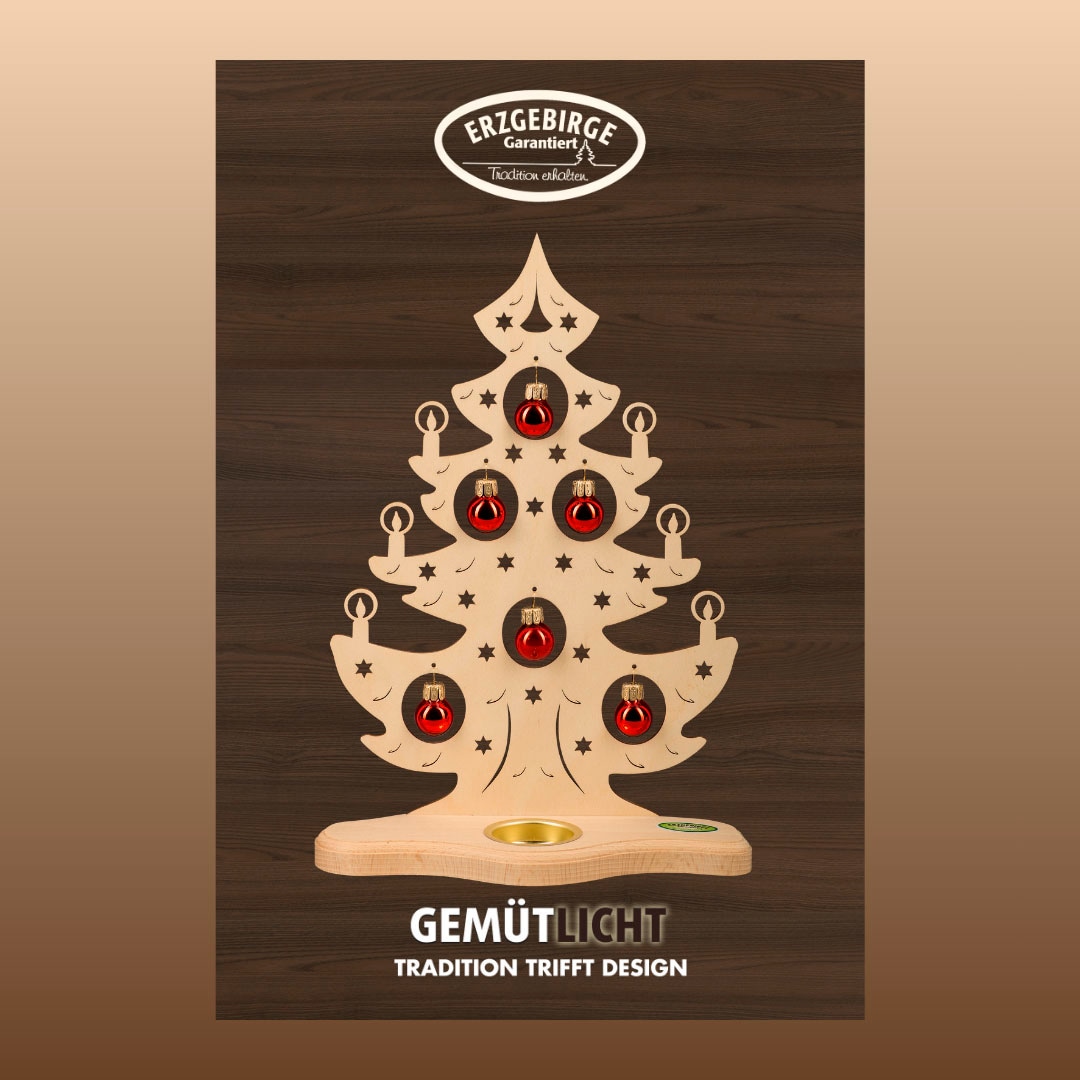 WEIGLA Teelichthalter »Weihnachtsbaum mit roten Kugeln, NATUR, Made in Germany« Erzgebirge garantiert, Weihnachtsdeko Innen, Weihnachtsbeleuchtung...