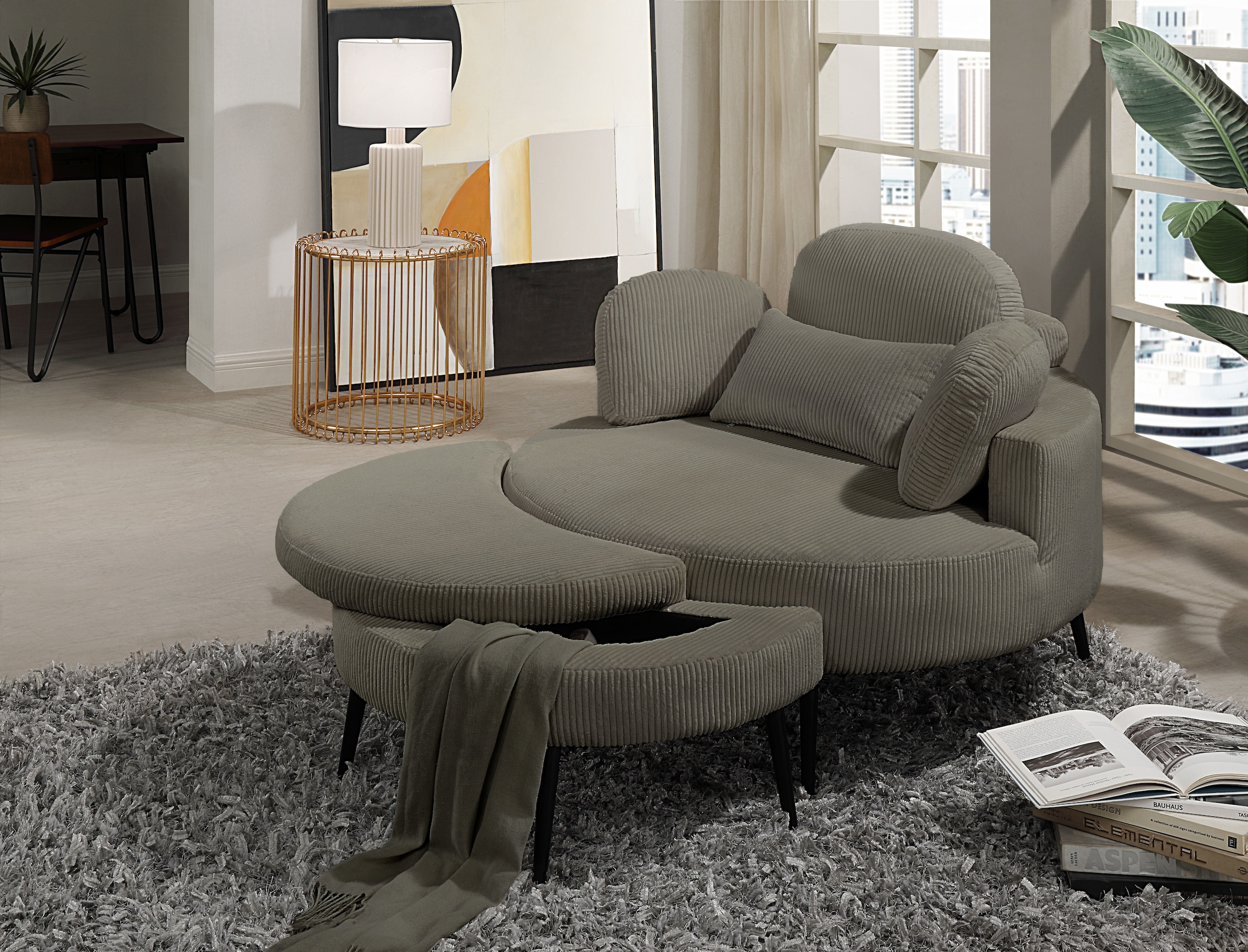 OTTO home Loveseat »Riko Sessel, B: 110 cm, Sitzhöhe: 44 cm« XXL- Sessel, mit Stauraumhocker, Rückenstütze & 4 Zierkissen