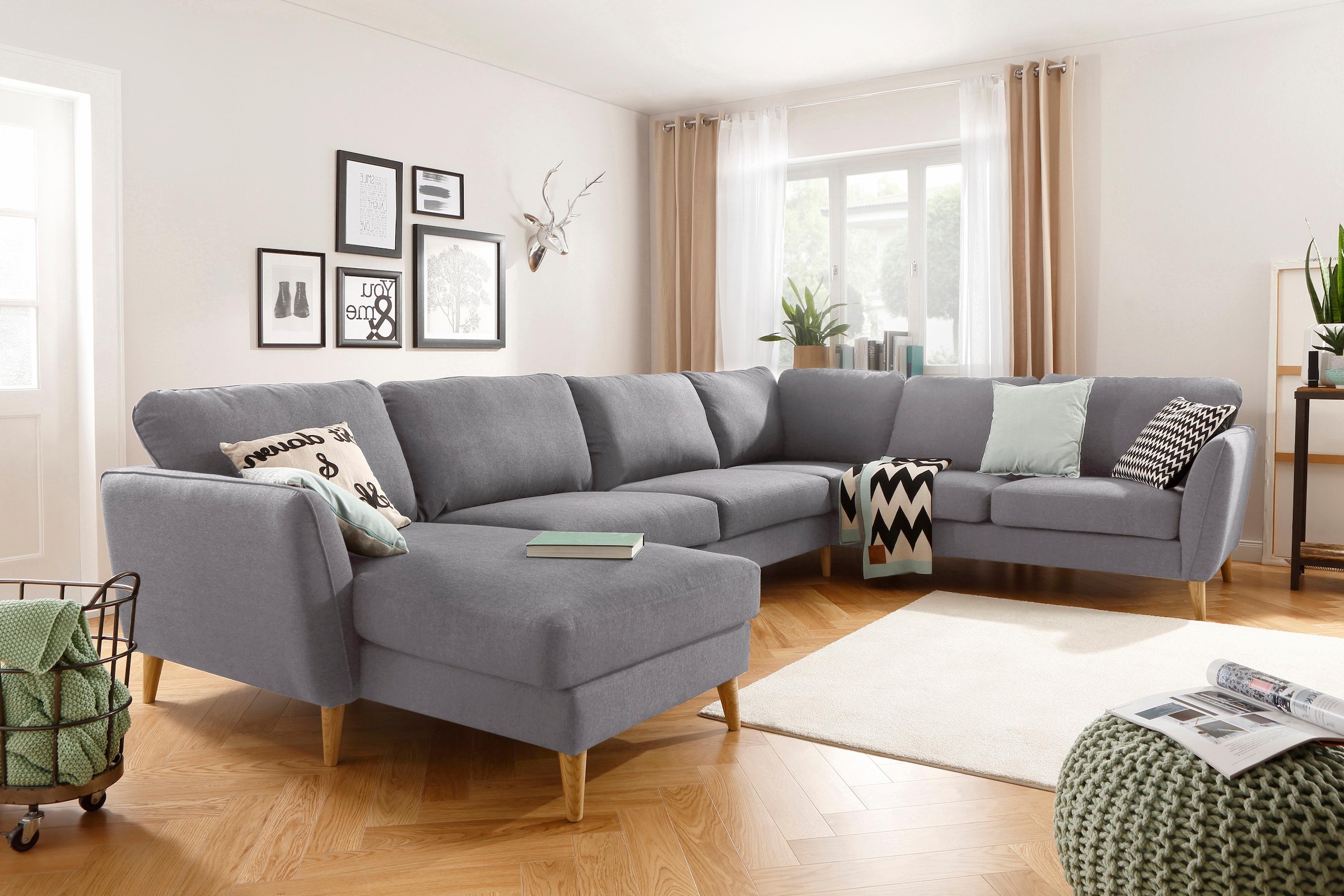 Home affaire Wohnlandschaft »MARSEILLE XXL 349cm, U-Form, Ottomane rechts/links wählbar«, Massivholzbeine Eiche, Landhausstil, Wellenunterfederung