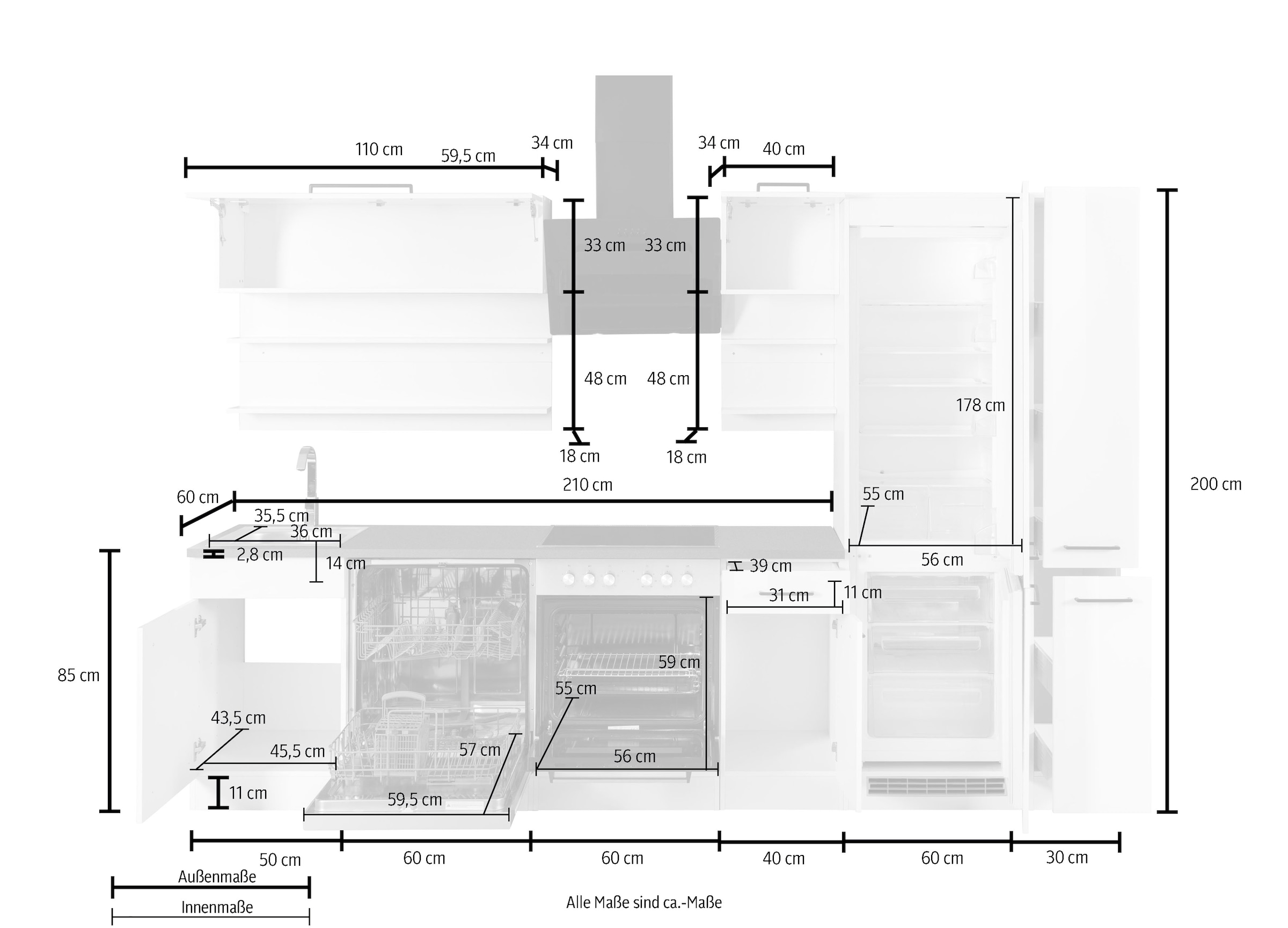 KOCHSTATION Küchenzeile »KS-Tulsa«, mit E-Geräten, Breite 300 cm, schwarze Metallgriffe, MDF Fronten