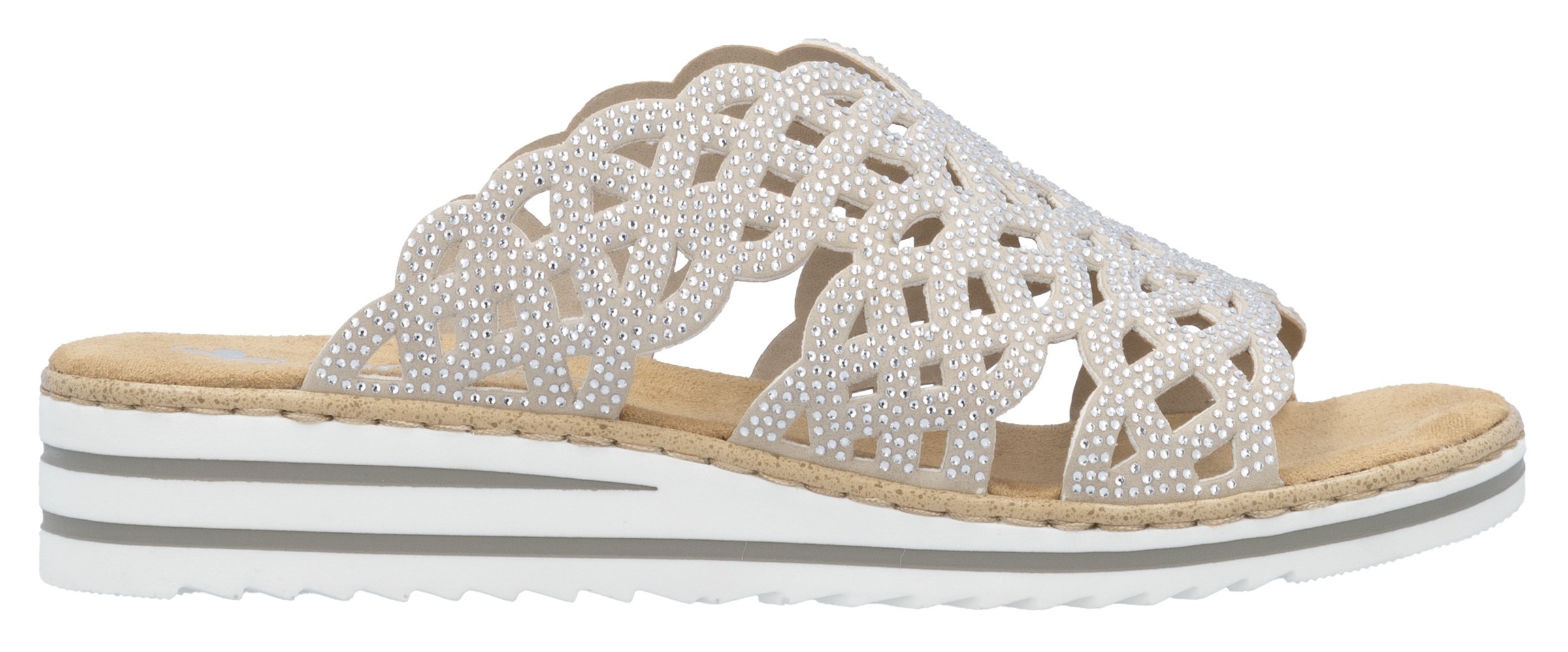 Rieker Pantolette, Sommerschuh, Strandschuh, Hausschuh, Keilabsatz, mit Strass-Steinchen