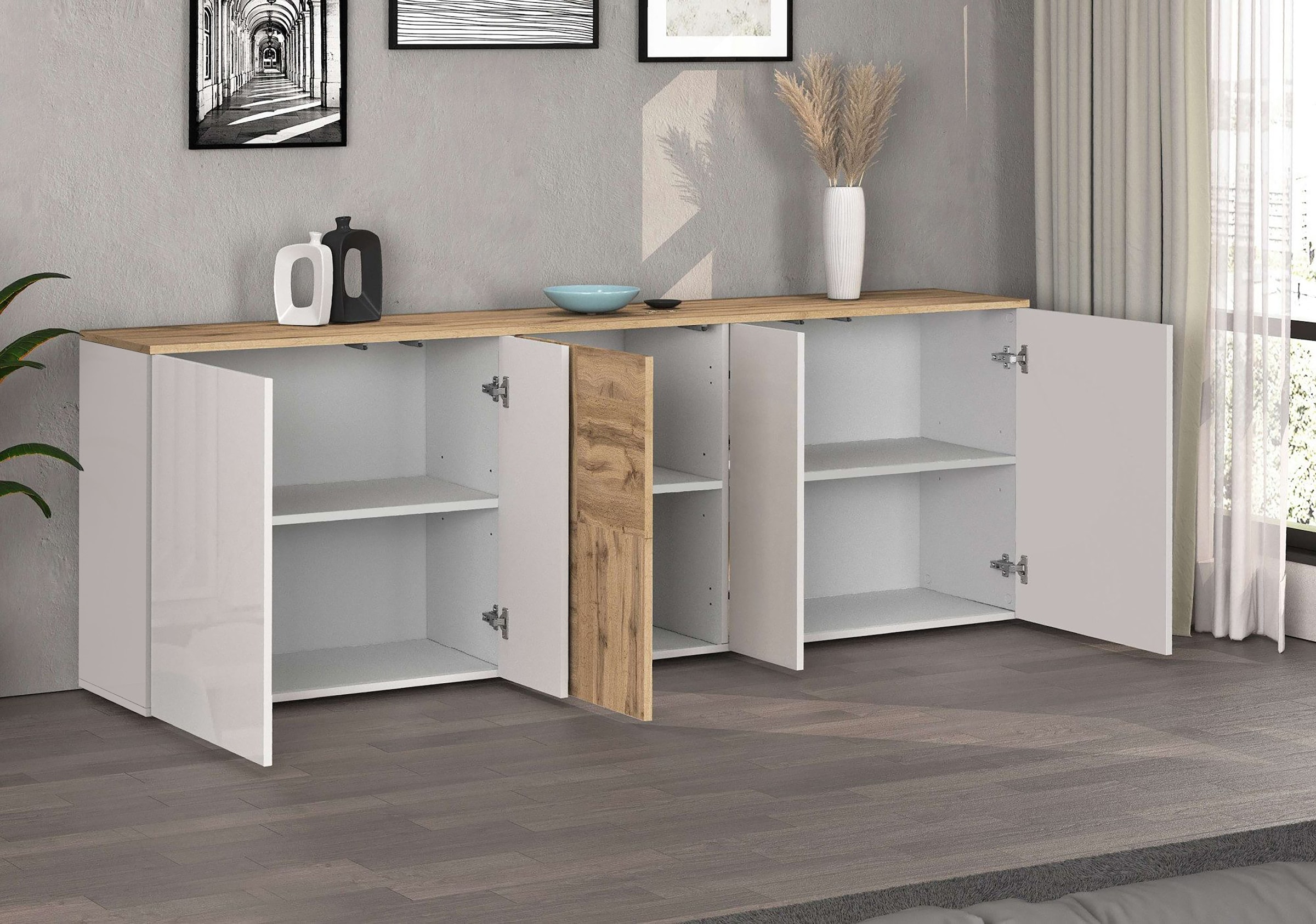 OTTO home Sideboard »ISEO, Kommode, Schrank, Sideboard, Lowboard, 6 Fächer, Breite 200 cm« 1 Stk. tlg. stehend/hängend, 5 Türen Hochglanz lackiert, Made in Italy