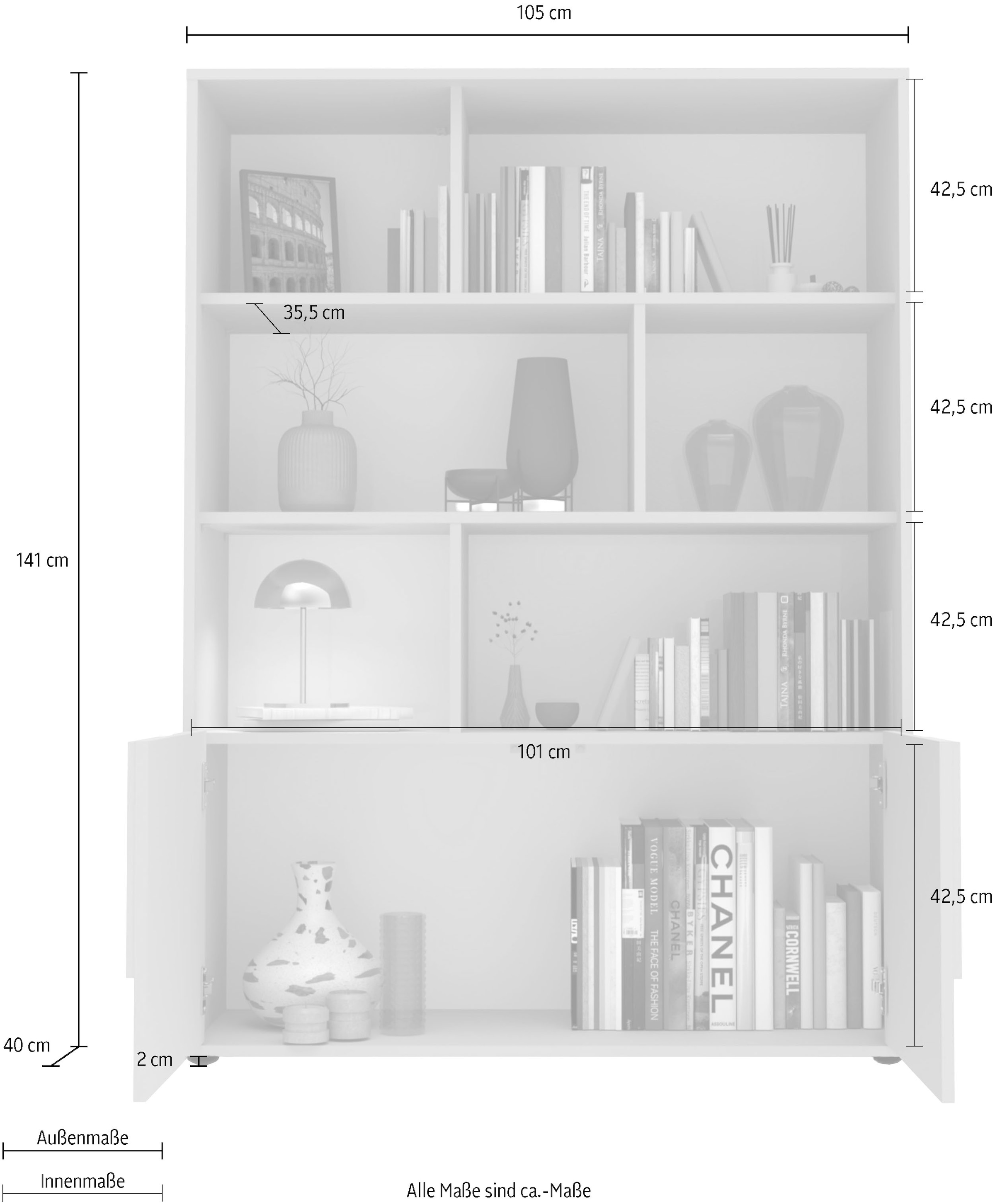 INOSIGN Highboard »Stone, H 155/141, B 105 cm, 2 Türen, 6 offene Fächer, Regal-Schrank« 3D-Design, Push-to-open, Stauraum dekorativ & praktisch, Füße wählbar