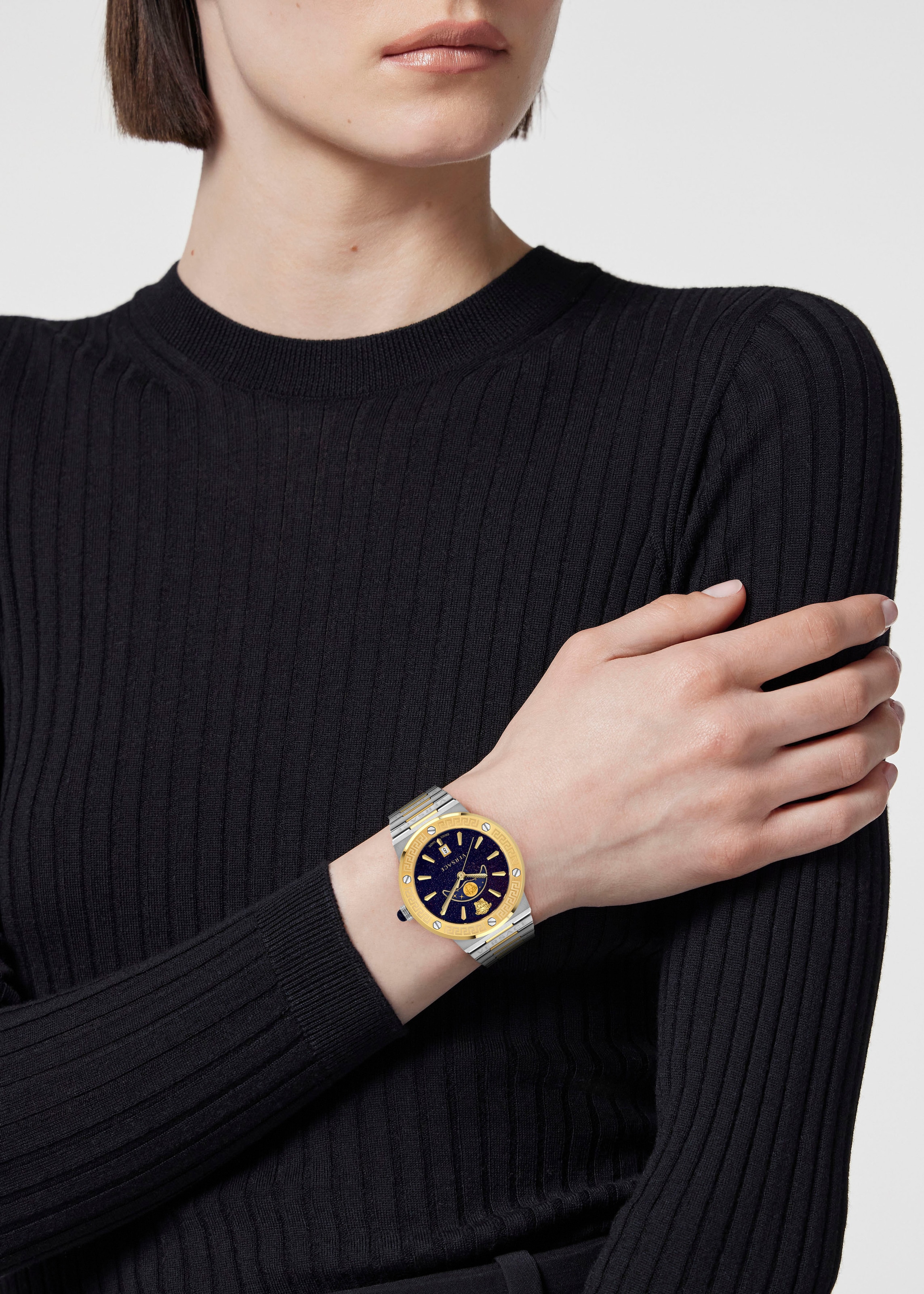 Versace Quarzuhr »GRECA LOGO MOONPHASE«, Armbanduhr, Damenuhr, Saphirglas, Datum, Swiss Made, Mondphase