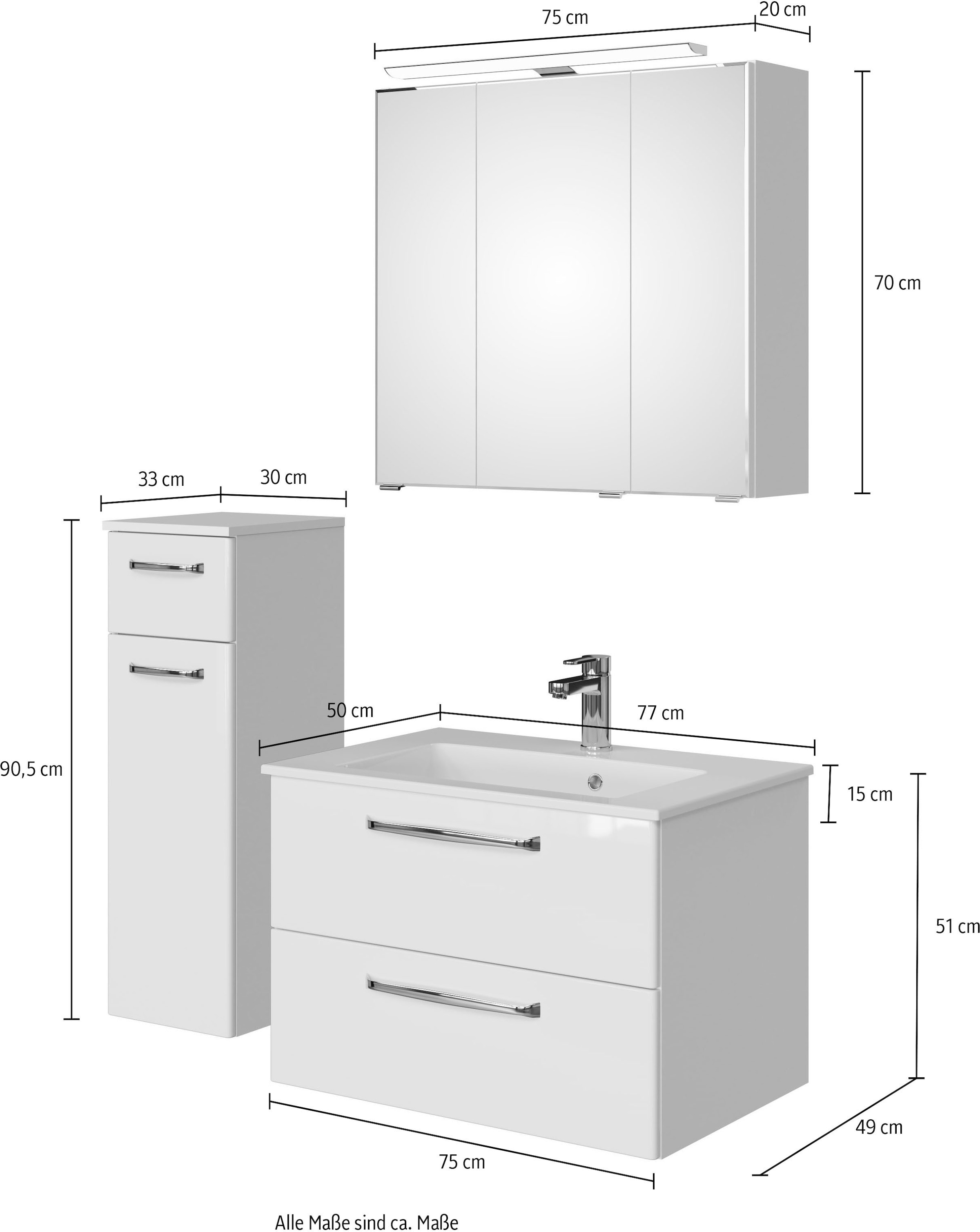 Saphir Badmöbel-Set »Badmöbel-Set Trentino 3-tlg Mineralmarmorwaschtisch LED-Spiegelschrank«, (4 St.), Badezimmer-Set mit Unterschrank inkl. Türdämpfer