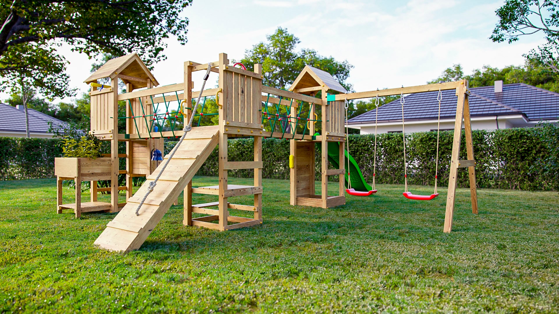 FUNGOO Spielturm »Maxi Funny Optimizer, mit Rutsche, Schaukeln, Kletterwand + Seilbrücke«, Made in Europe