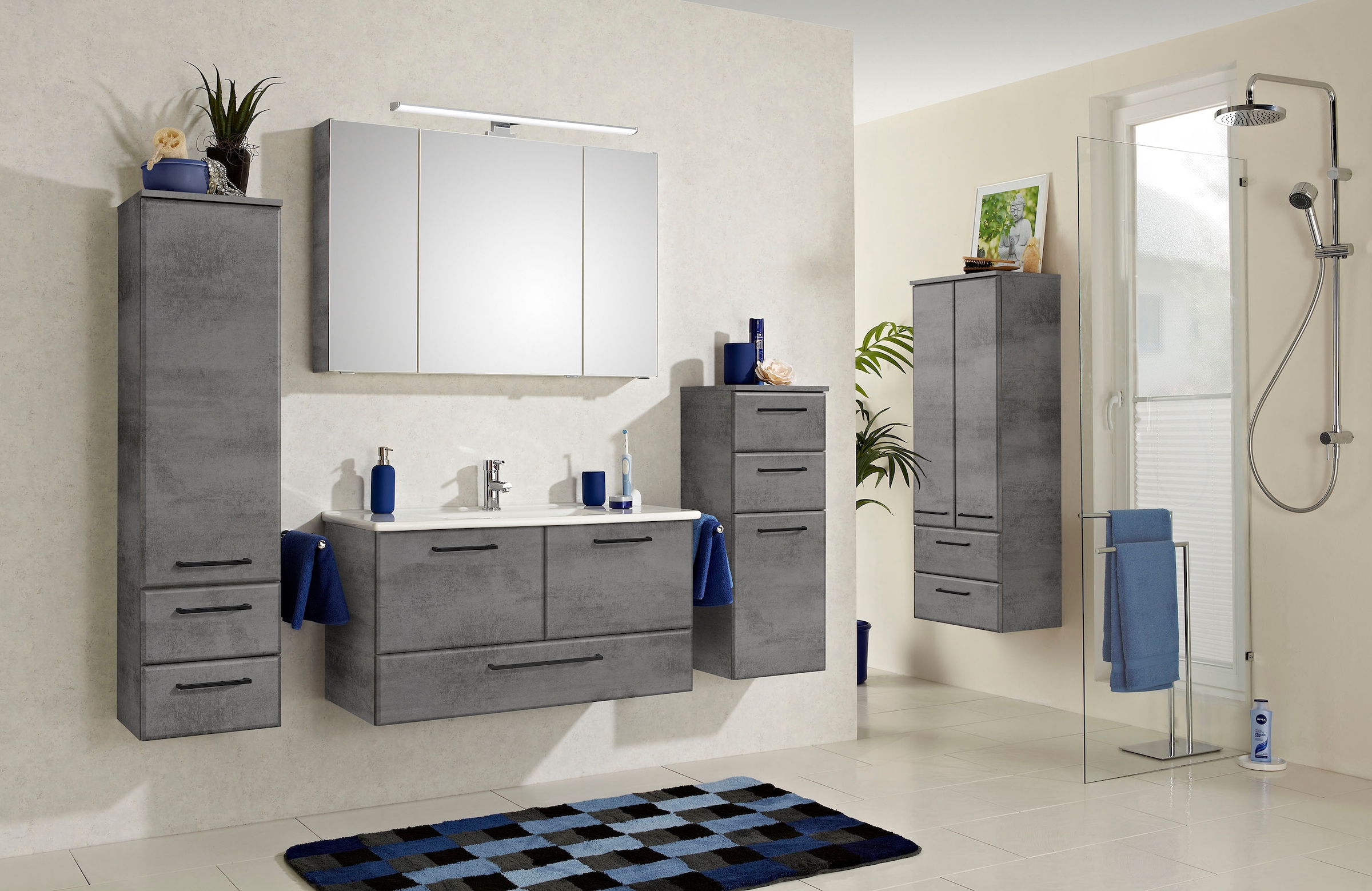 Saphir Badmöbel-Set »Quickset 945 3-teilig, Keramik-Waschtisch mit LED-Spiegelschrank«, (4 St.), Unterschrank, 6 Türen, 3 Schubladen, 8 Einlegeböden, inkl. Türdämpfer