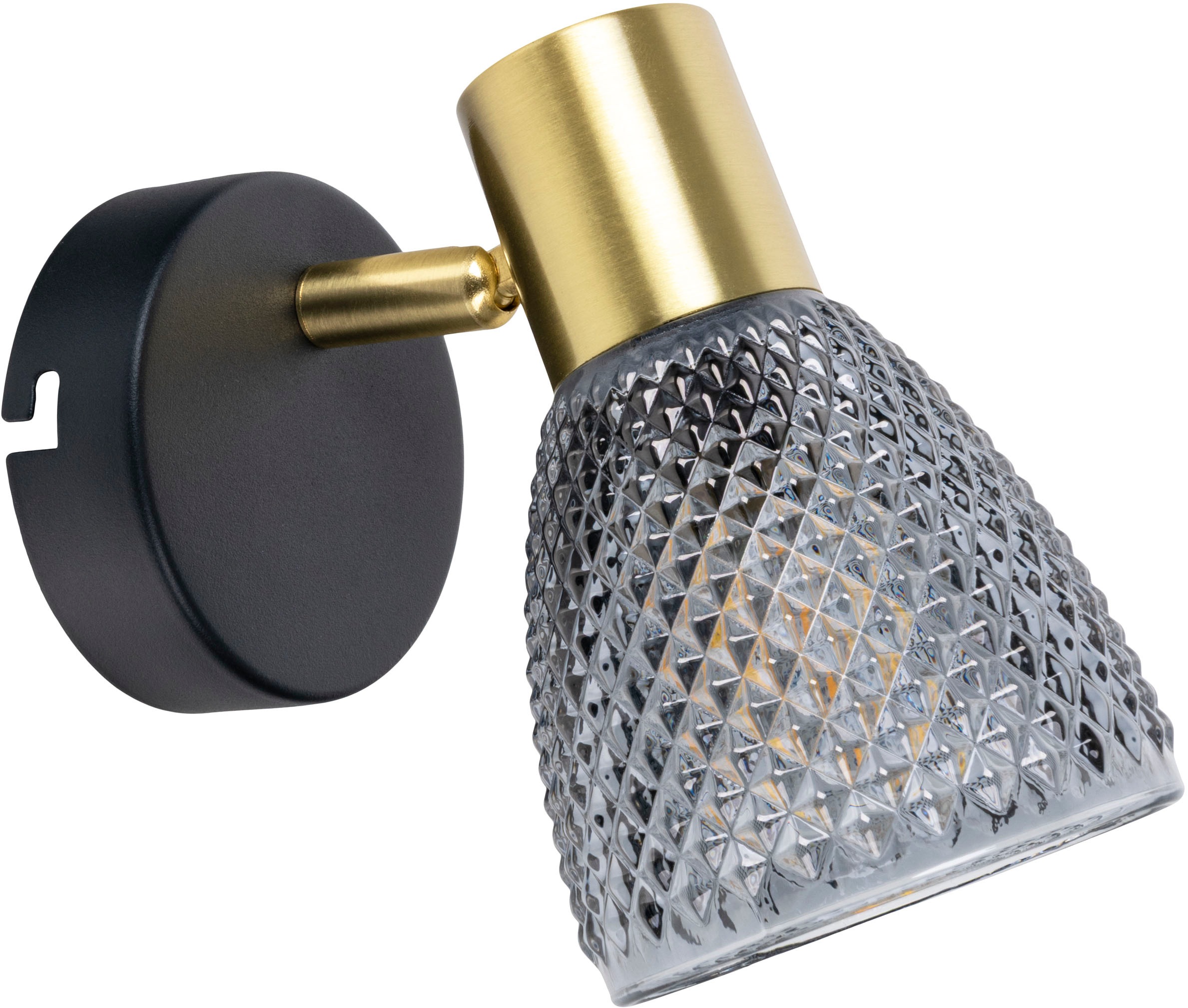 näve Wandleuchte »Lindita« E14 1 Stk. 1er Spot, Relief-Glasschirm smokey, Gestell messing matt, 1x E14 exkl.