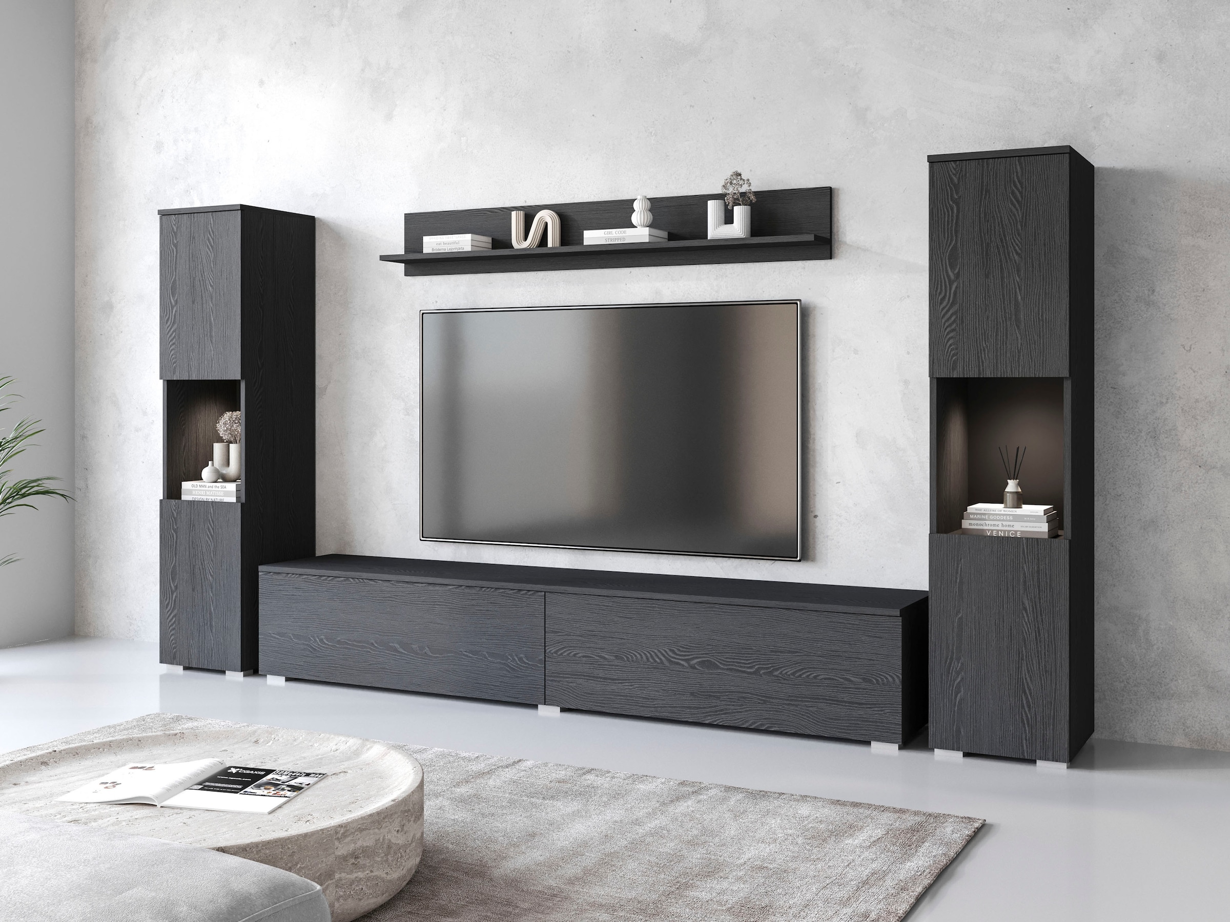 INOSIGN Wohnwand »PARIS«, (Komplett-Set, 4 St.), TV-Wand 260cm breite, grifflose Design, stehend und hängend montierbar