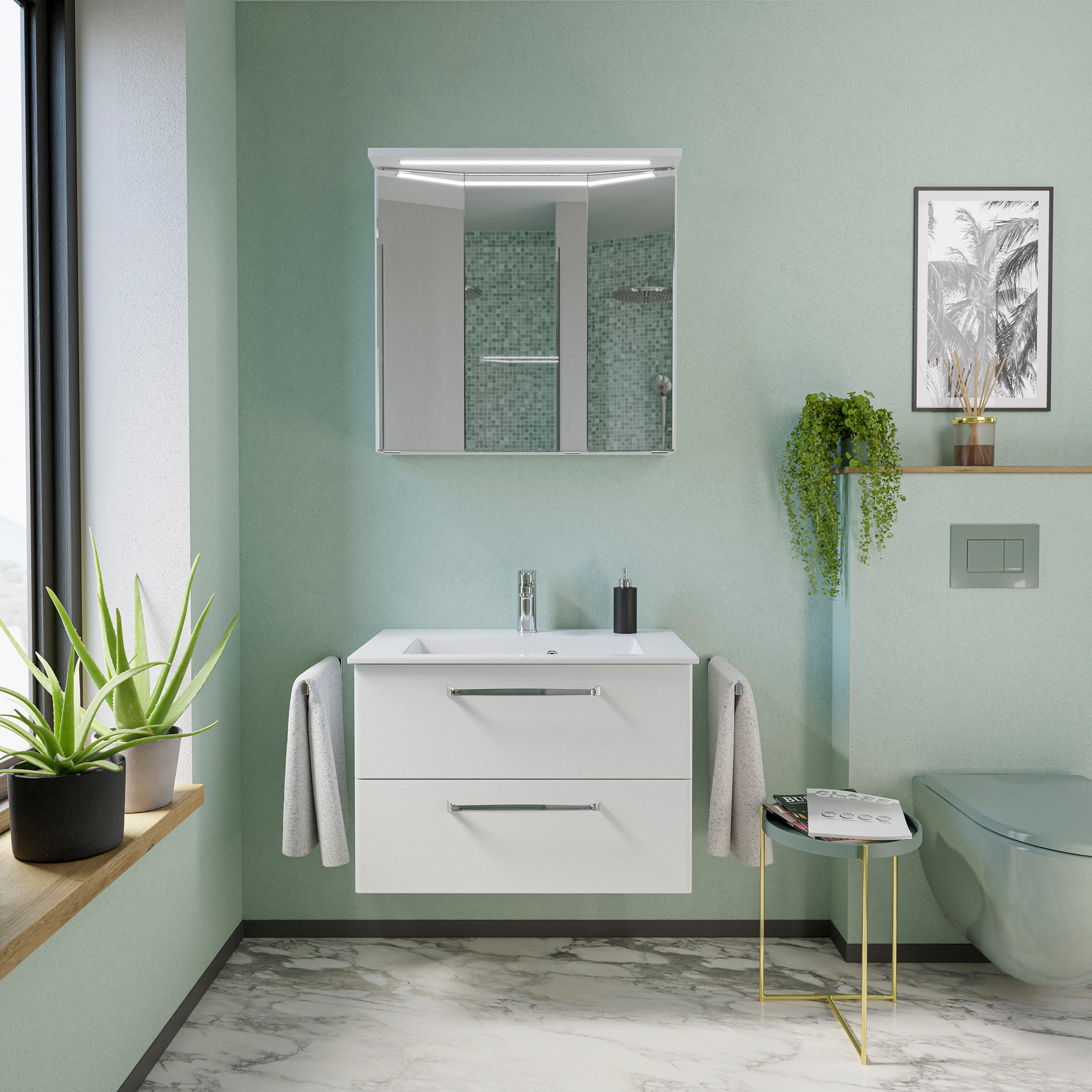 Saphir Badmöbel-Set »Trentino 2-teilig Mineralmarmor-Waschtisch mit LED-Spiegelschrank« 3 Stk. tlg.