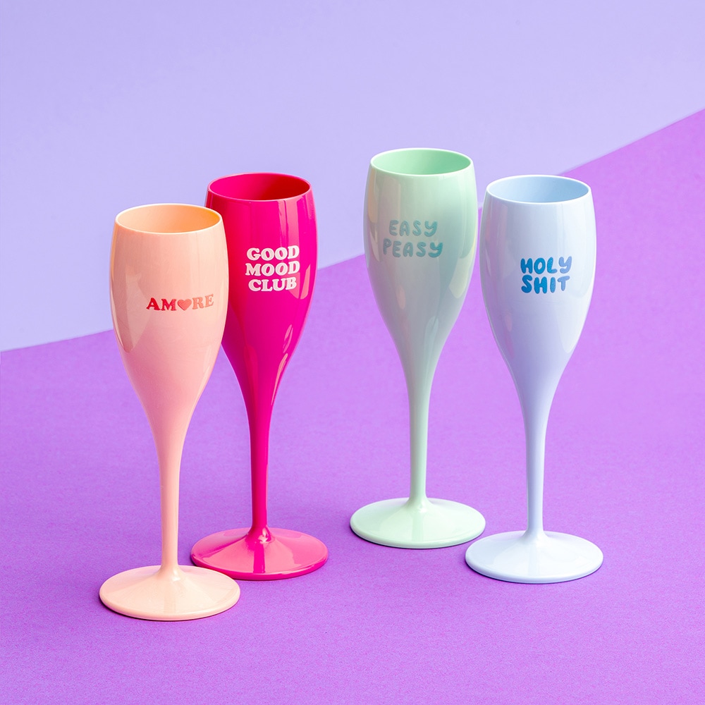 KOZIOL Sektglas »CHEERS No. 1 COLOR UP Glas 100 ml mit Druck, 4 Motive« spülmaschinengeeignet