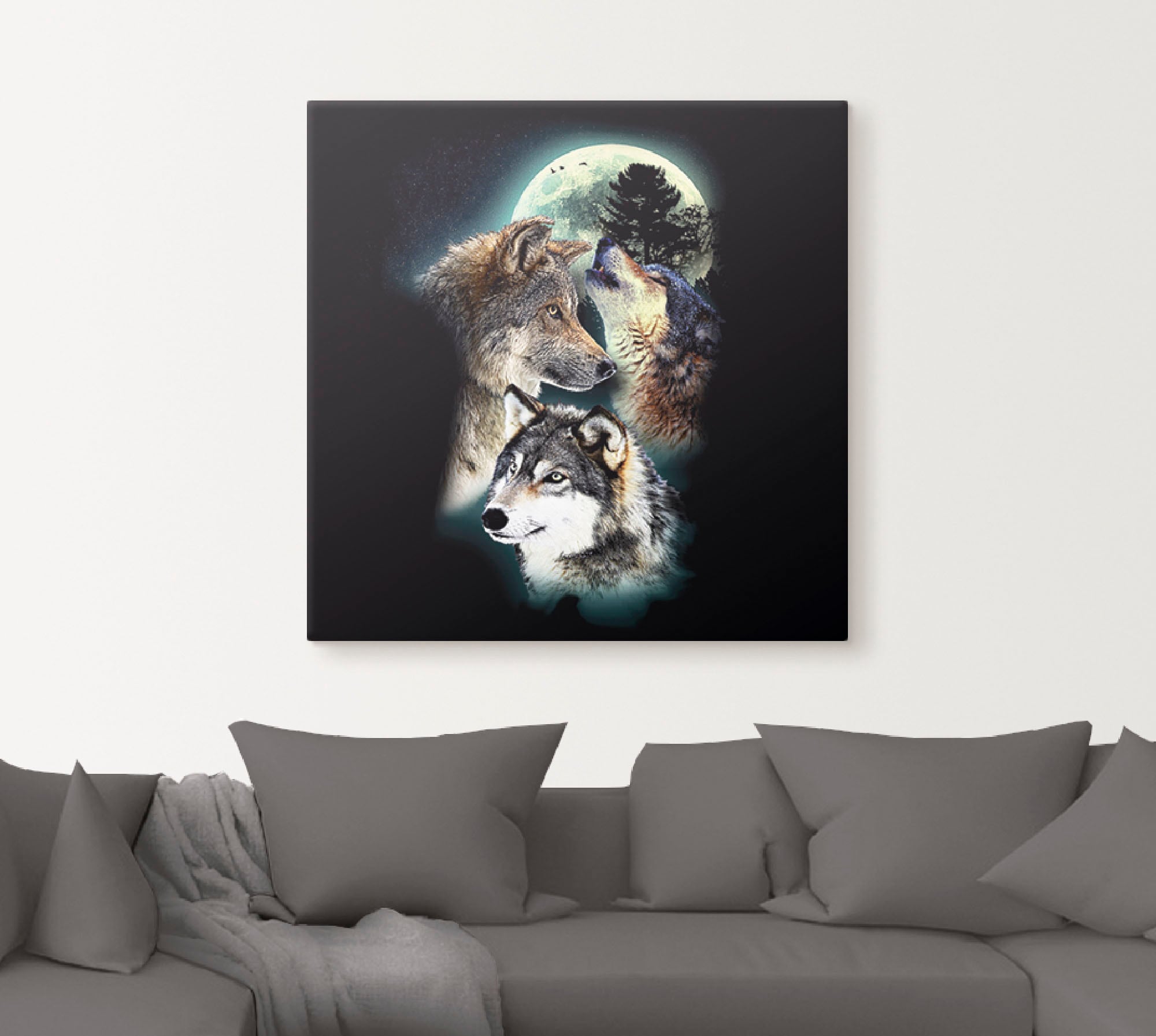 Artland Wandbild »Phantasie Wolf Wölfe mit Mond«, Wildtiere, (1 St.), als Leinwandbild, Poster, Wandaufkleber in verschied. Größen