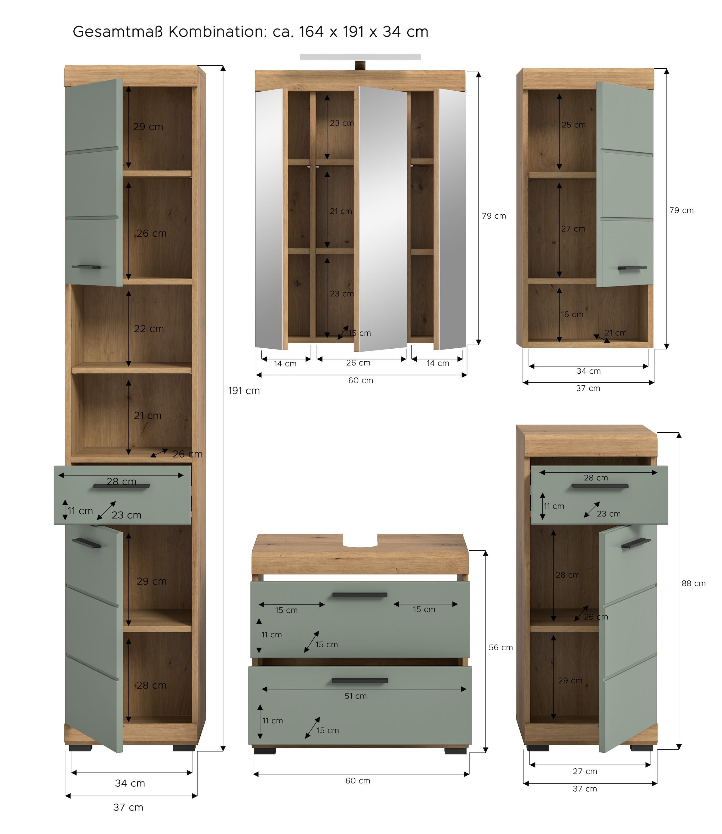INOSIGN Badmöbel-Set »Siena, 5 teilig, inklusive LED Beleuchtung, bestehend aus:«, (Set), Hochschrank, WBU, Spiegelschrank, Unterschrank, Hängeschrank