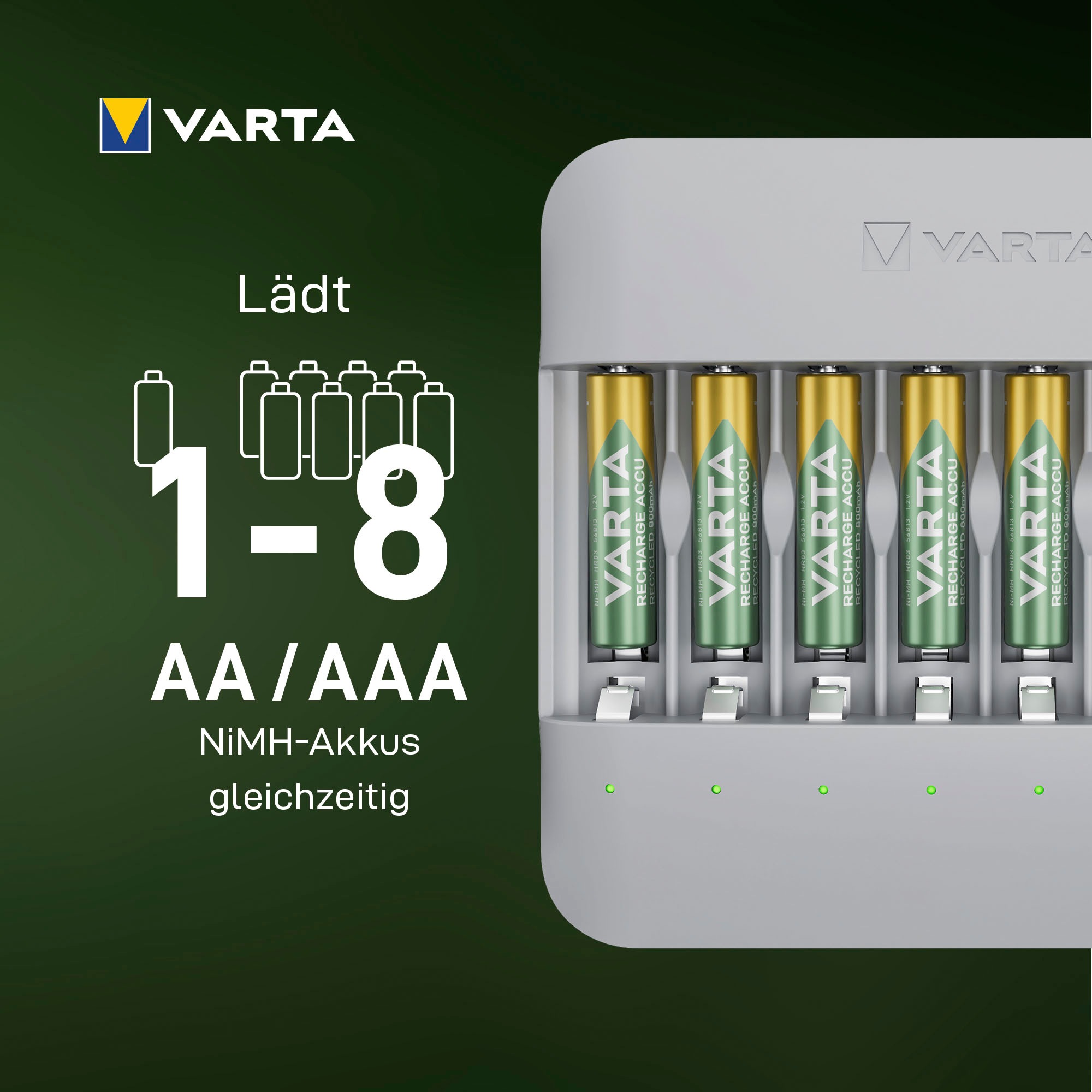 VARTA Batterie-Ladegerät »Eco Charger Multi Recycled + 8x AA 2100 mAh«, 2000 mA, (Packung)