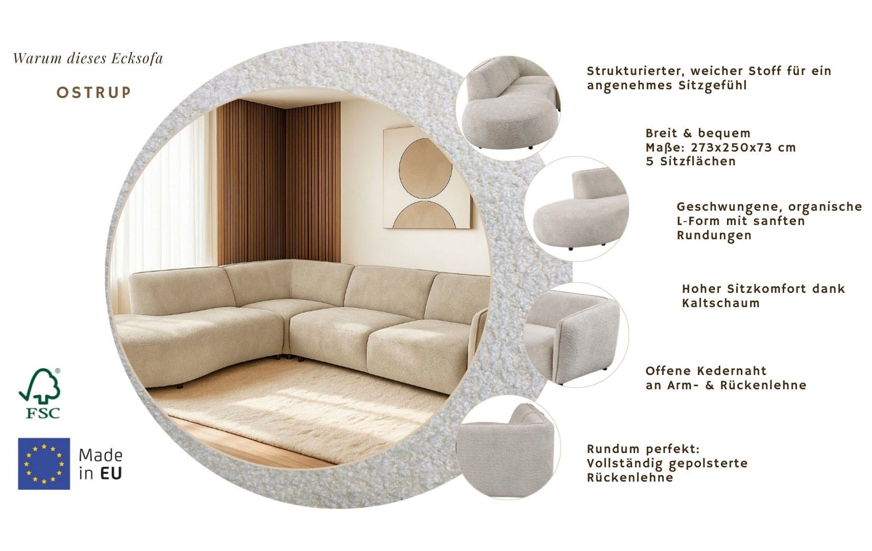 Home affaire Ecksofa »OSTRUP Rundsofa, L-Form, Naturtöne, Boucle« Breite 273 cm, organische Form mit sanften Rundungen